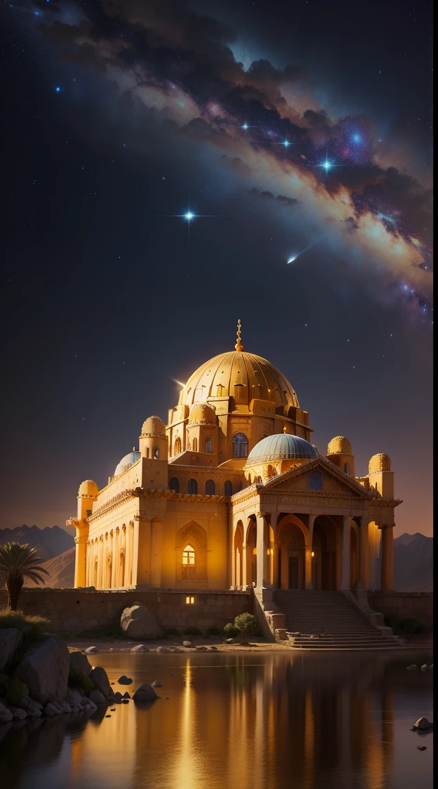 Galaxy background, Antique architecture，babel，Mountains，the night，Stars，Mosque，Golden Palace，Islamic culture，Greek classical culture，Interstellar culture