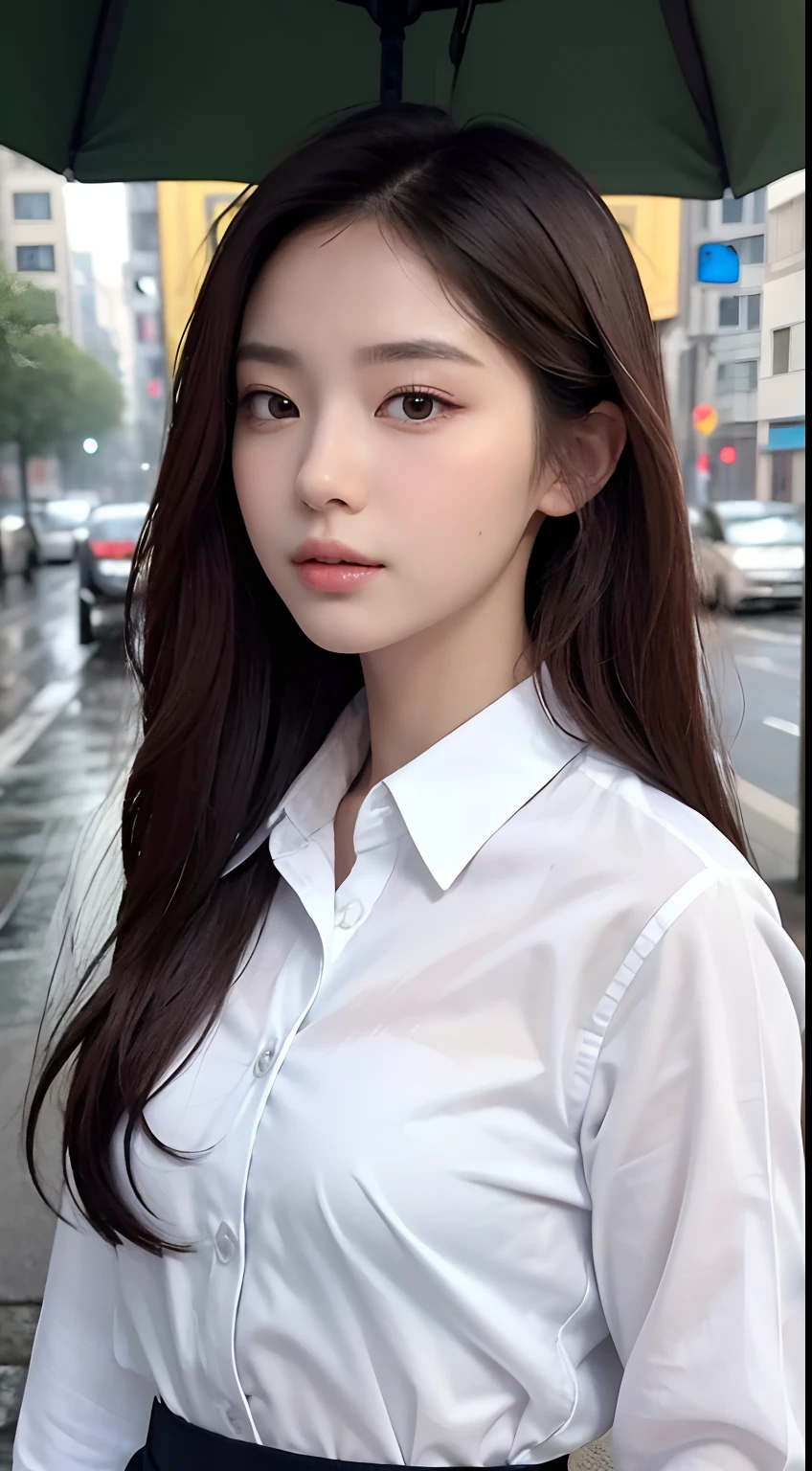 ((Best Quality, 8K, Masterpiece: 1.3)), Sharp: 1.2, Perfect Body Beauty: 1.4, Slim Abs: 1.2, ((Long Hair 1.2)), (Wet White Button Long Shirt: 1.1), (Rain, Street: 1.2), Wet: 1.5, Highly Detailed Face and Skin Texture, Fine Eyes, Double Eyelids, Looking at the Camera