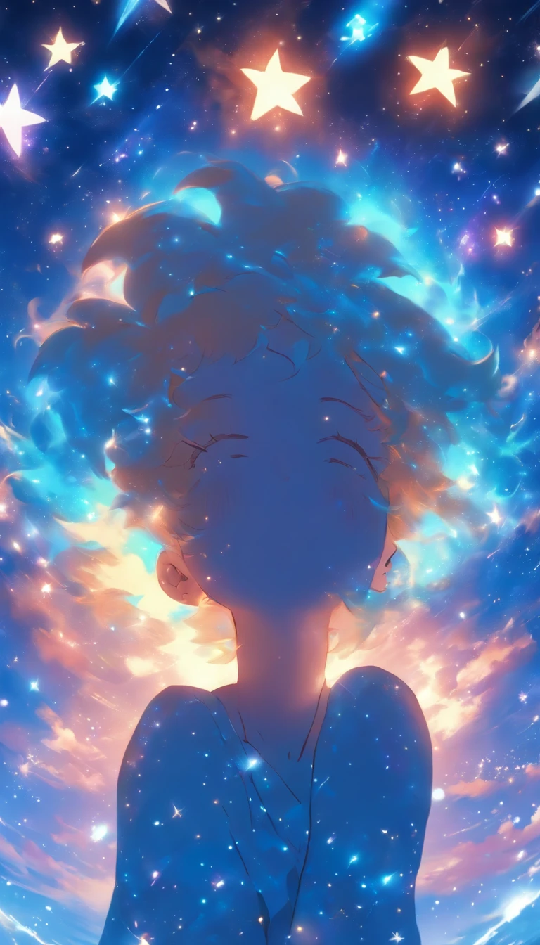 High quality in every detail。Beautiful woman looking up at the sky。A woman with a mature impression。Overall blue impression。Countless shooting stars。Fantastic sky。Clear sky。Floating stars and planets。fantastic landscape。People are big。