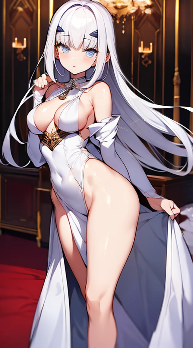 White-haired woman,Beautiful purple eyes,White silk kimono,Beautiful dress, Purple cloth covers all vital organs except the face.................., Wear a knee-length white dress...................,The arm does not reach the top of the hip...................,The arms are small................., But the ligaments are very large...................,Soft hands,at night,,turned sideways..,realistic fingers,tiny,With thumb,5 fingers per hand,There are two arms.....,With breasts,There are Greek white flowers around.