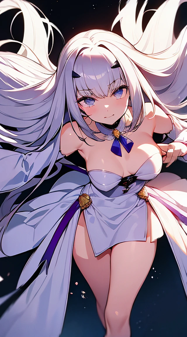 White-haired woman,Beautiful purple eyes,White silk kimono,Beautiful dress, Purple cloth covers all vital organs except the face.................., Wear a knee-length white dress...................,The arm does not reach the top of the hip...................,The arms are small................., But the ligaments are very large...................,Soft hands,at night,,turned sideways..,realistic fingers,tiny,With thumb,5 fingers per hand,There are two arms.....,With breasts,There are Greek white flowers around.