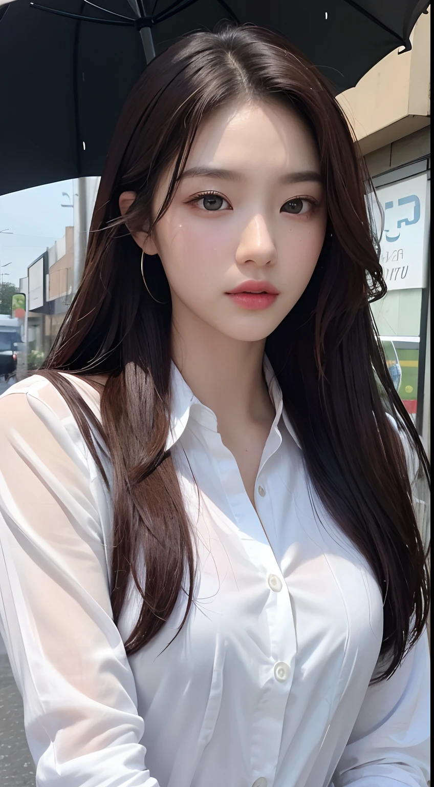 ((Best Quality, 8K, Masterpiece: 1.3)), Sharp: 1.2, Perfect Body Beauty: 1.4, Slim Abs: 1.2, ((Long Hair 1.2)), (Wet White Button Long Shirt: 1.1), (Rain, Street: 1.2), Wet: 1.5, Highly Detailed Face and Skin Texture, Fine Eyes, Double Eyelids, Looking at the Camera