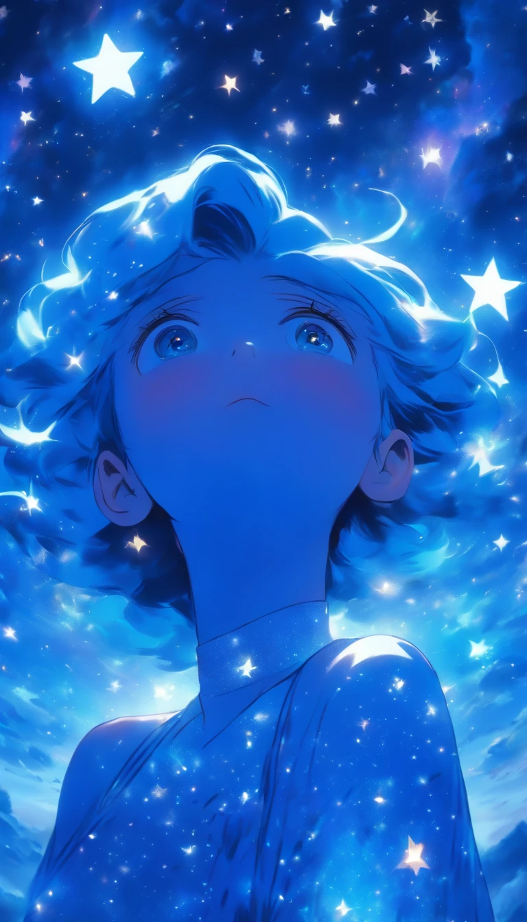 (best quality,highres,ultra-detailed,realistic,blue palette,star-filled sky:1.37),beautiful woman looking up at the sky, mature and elegant woman,detailed eyes and lips,wonderful blue impression, countless shooting stars,fantastical sky,crystal clear atmosphere,floating stars and planets,fantastical landscape, person prominent)