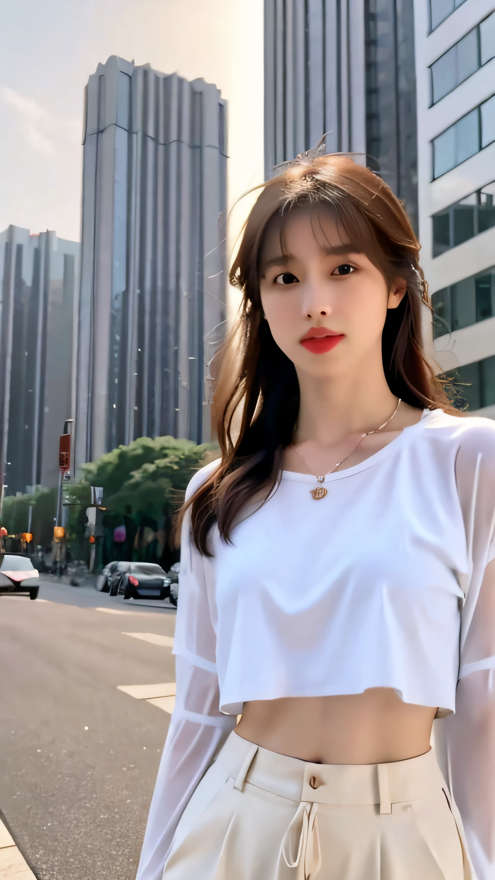 ((Realistic lighting, best qualtiy, 8K, tmasterpiece:1.3)), sharp fokus:1.2, 1girll, Beautiful Women with Perfect Figure:1.4, Slim abs:1.1, ((dark brown  hair)), (White crop top:1.4）,（exteriors，during night：1.1），the city street，Ultra-fine face，Fine eyes，二重まぶた，Full body photo，