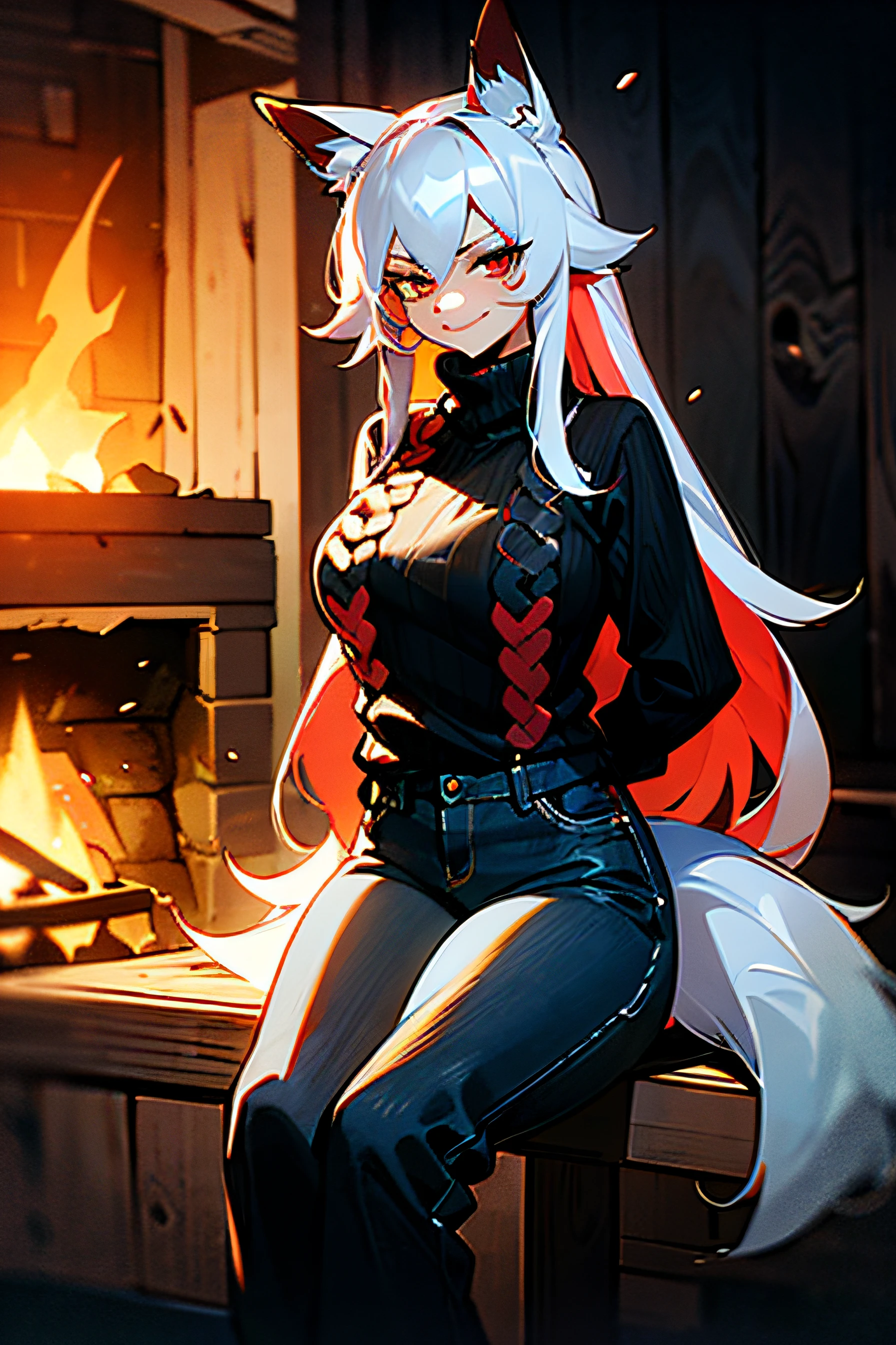 messy sketch piece, hand-drawn, 1girl, expressive eyes, perfect face, black hair, (((long straight))) hair, clear red eyes, (((smirk))), closed mouth, swollen (((((big))))) breasts, tall, thick thighs, hands behind back, fox ears, fox tail, pale skin, momma hips, wide hips, thicc, ((multicoloured hair)), (white hair) (((((black))))) (((((sweater))))), black sweater, (((black))) ((denim trousers)) (sitting down by the fire), in a wooden cabin, at night