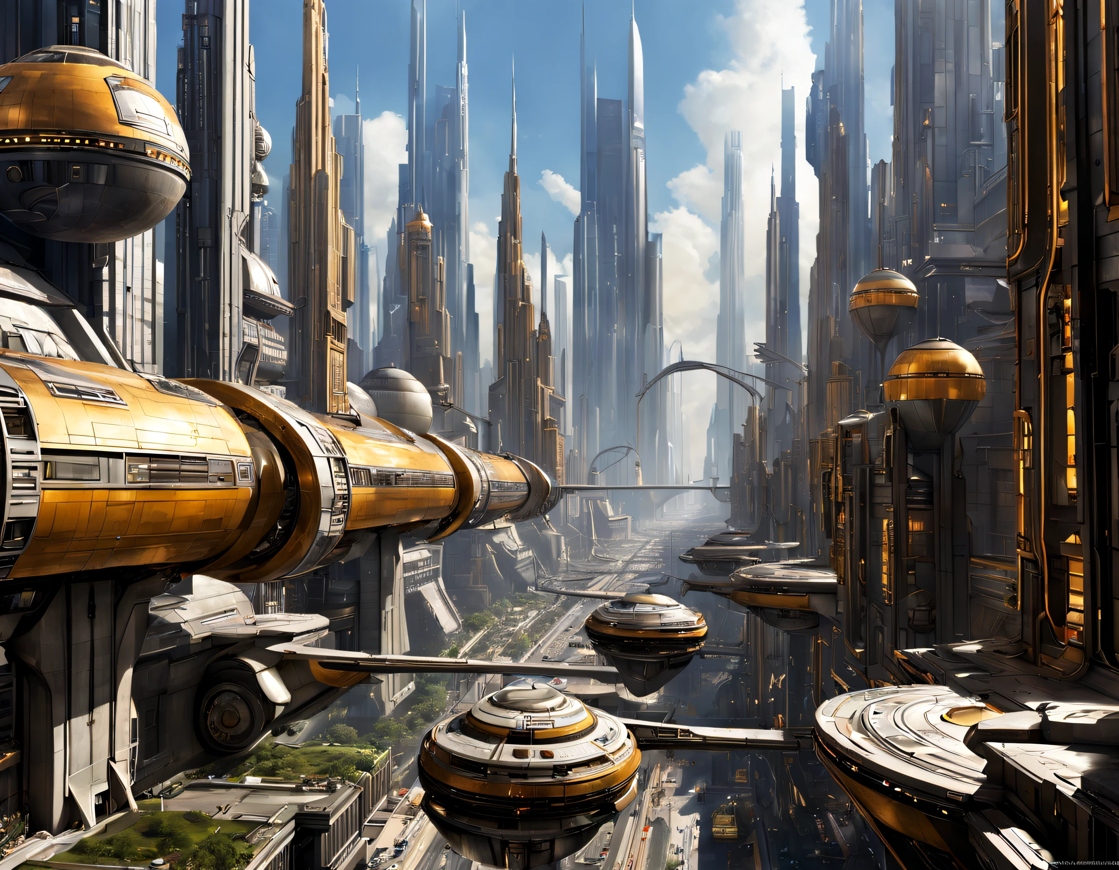 The city of Coruscant from Star Wars as designed by Doug Chiang, futuristic fantasy city with immense buildings of technological design (que forman una avenida infinita), edificios compactor no difuminados, con estructuras acristaladas en plata, oro y bronce espectaculares, (con colores vivos). pavimento ensolado (sin brillo). gente paseando. imagen bien definida con muchos edificios juntos. imagen nitida bien definida 8k. los edificios llegan alta el fondo.,8k. imagen cinematografica. iluminacion hora dorada. calidad superior. (obra maestra).