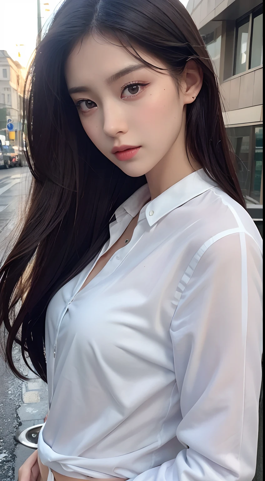 ((Best Quality, 8K, Masterpiece: 1.3)), Sharp: 1.2, Perfect Body Beauty: 1.4, Slim Abs: 1.2, ((Long Hair 1.2)), (Wet White Button Long Shirt: 1.1), (Rain, Street: 1.2), Wet: 1.5, Highly Detailed Face and Skin Texture, Fine Eyes, Double Eyelids, Looking at the Camera