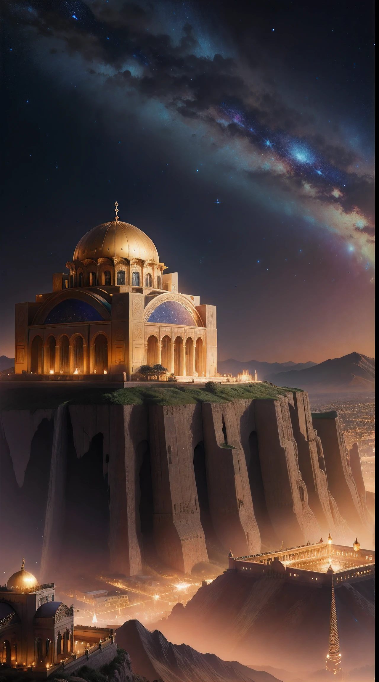Antique architecture,babel,Mountains,the night,Stars,Castle,Golden Palace,Islamic culture,Greek classical culture,Interstellar culture