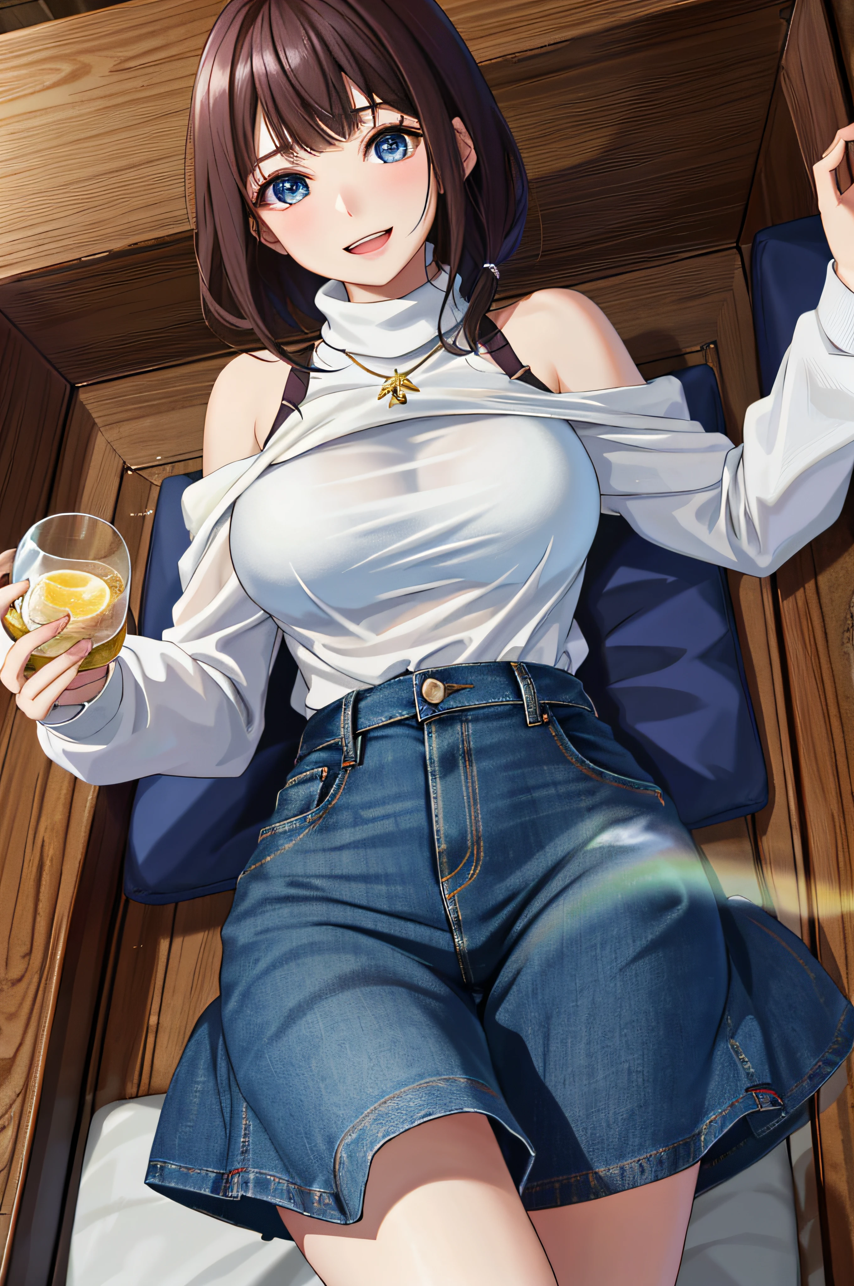 top-quality、超A high resolution、Ray traching、globalillumination、a 20 yo woman、college aged、Blue Eye、Brown Medium Hair、buzzcut、Kamimei、Shy laughter、breasts of medium size,、thick thight、、Denim Tight Skirt、White turtleneck sweater、Leaning forward to emphasize the chest