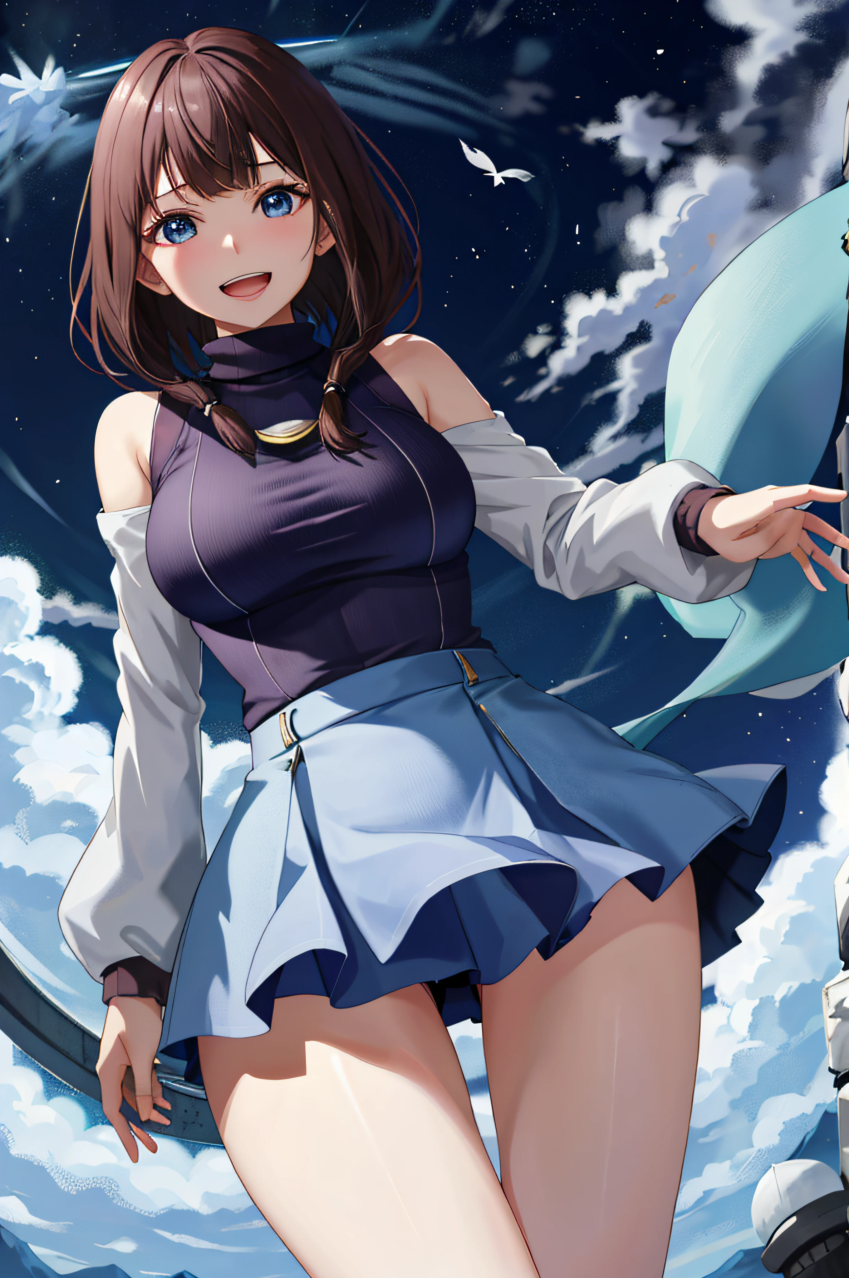 top-quality、超A high resolution、Ray traching、globalillumination、a 20 yo woman、college aged、Blue Eye、Brown Medium Hair、buzzcut、Kamimei、Shy laughter、breasts of medium size,、thick thight、、Denim Tight Skirt、White turtleneck sweater、Leaning forward to emphasize the chest