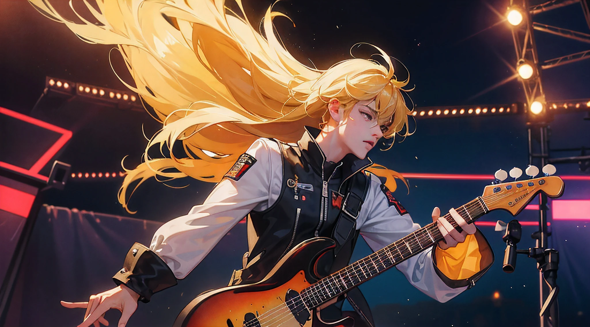 "An exciting moment, When an electric guitarist blows up the stage with his prowess! ((More Deals)),(Guitarist Detailing).Imagine the frame: The artist stands in full height, Surrounded by the magic of light, expressing a passion for music through every note. His electric guitar sparkles in dazzling lights, creating a unique atmosphere of rock. The musician's gaze is full of energy, And the photo seems to freeze the moment, capturing an emotional explosion on stage."