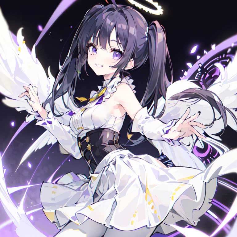 (solo, from side, dynamic pose, bust up, flying, white skirt, white pantyhose black hair, twintails, white skirt, corset, halo, delicate face, little girl, medium breast, round eyes, wing on the waist, purple eyes, god ray, smile with grin, happy:1.4)