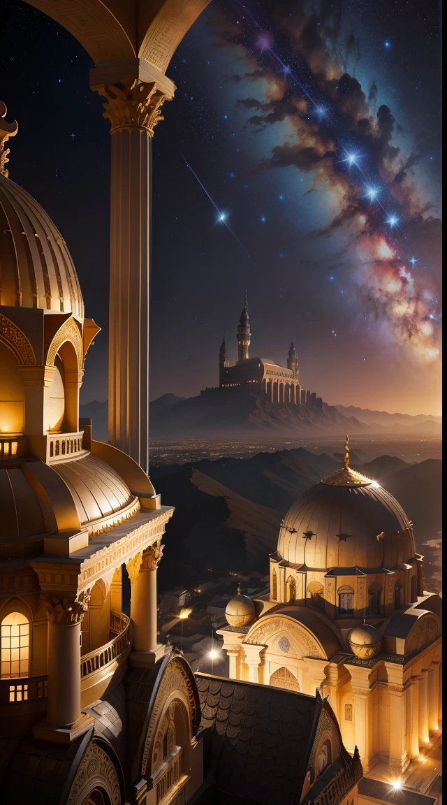 Galaxy background, Antique architecture，babel，Mountains，the night，Stars，Mosque，Golden Palace，Islamic culture，Greek classical culture，Interstellar culture