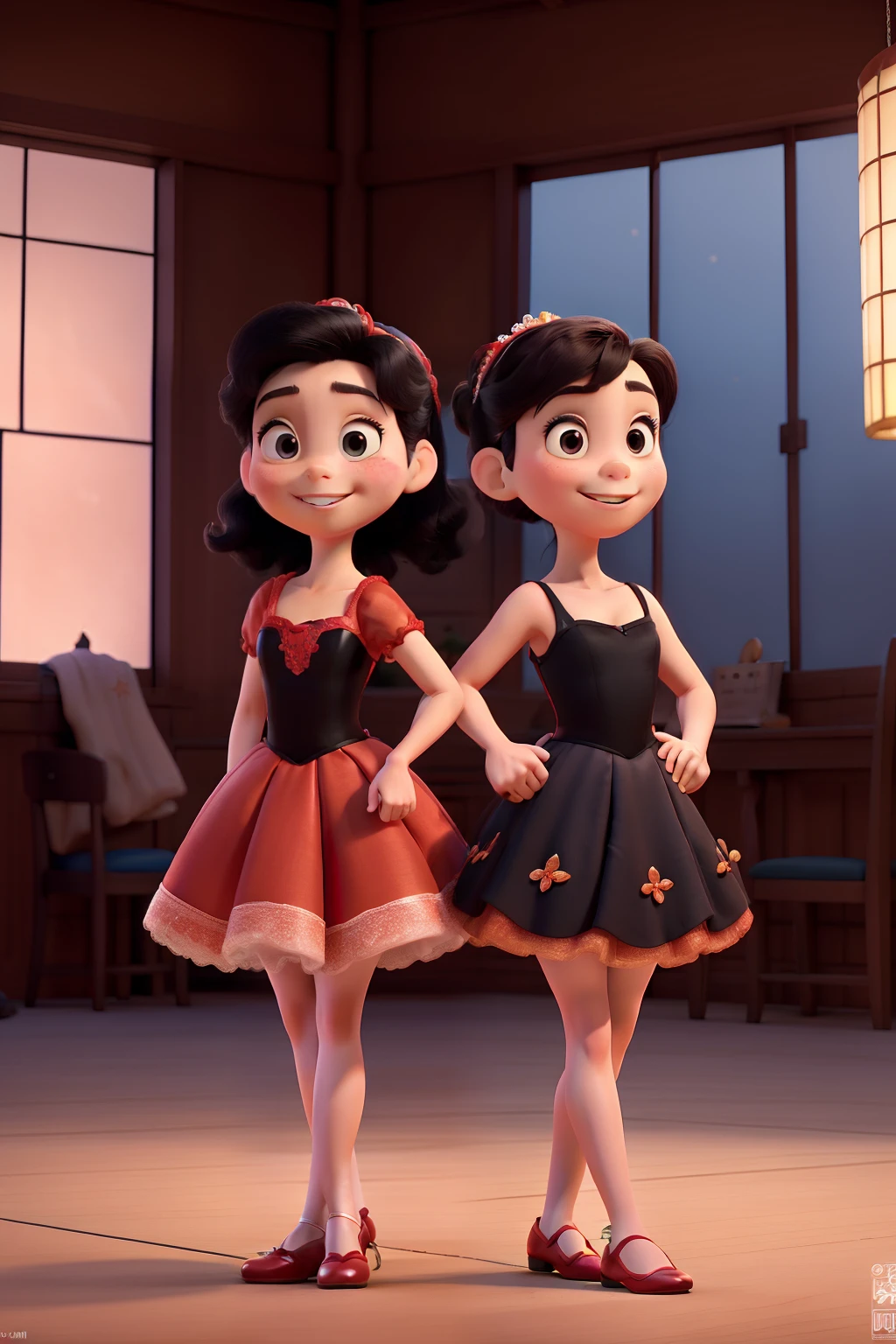 obra-prima, melhor qualidade, Disney Pixar movie poster,Two Ballerina Sisters,Japanese women dressed in red and black tutu, Dancing in a square