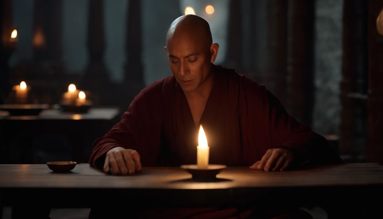 A handsome, handsome, strong, muscular, bald monk，Sit at a table，Hold your cheek with your right hand，The eyes close slightly，Sideslit，There was an oil lamp on the table，Dark tone，Cinematic footage，Front Shooting，Perfectcomposition