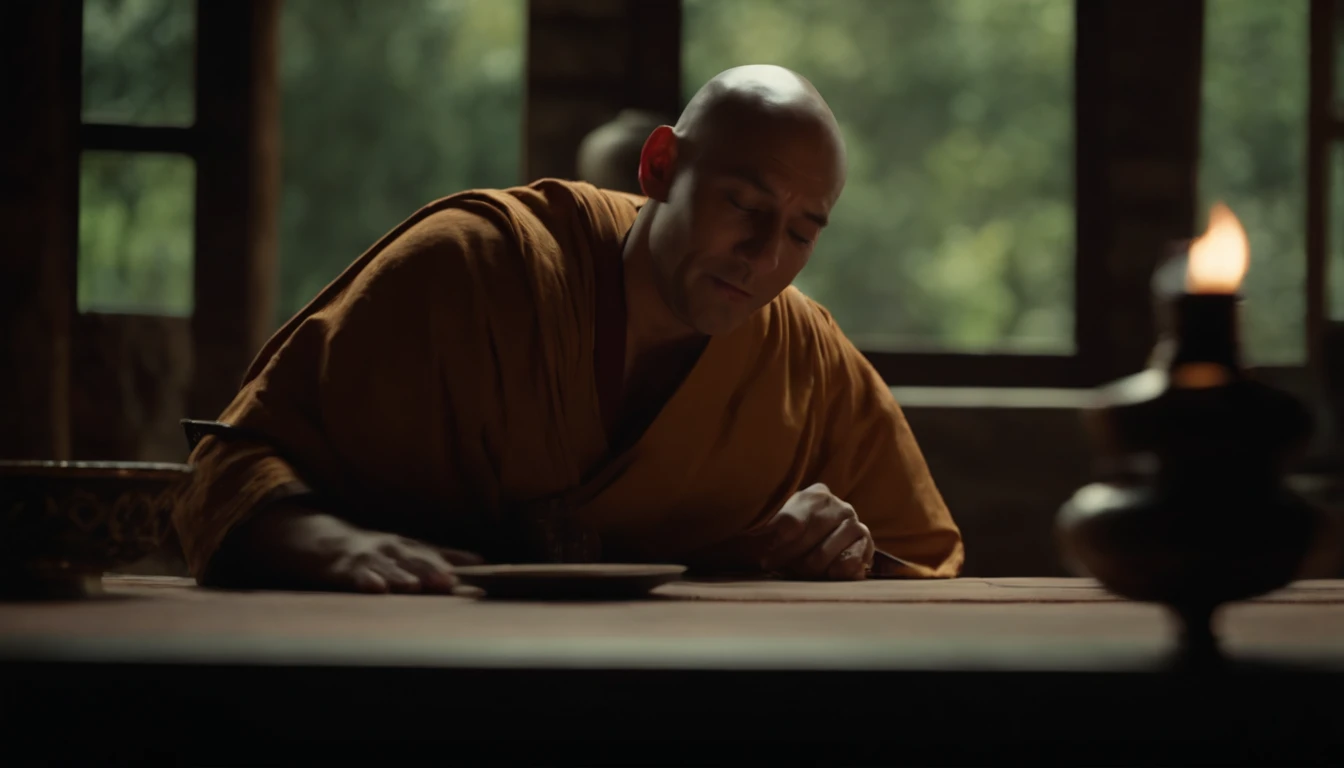 A handsome, handsome, strong, muscular, bald monk,Sit at a table,Hold your cheek with your right hand,The eyes close slightly,Sideslit,There was an oil lamp on the table,Dark tone,Cinematic footage,Front Shooting,Perfectcomposition