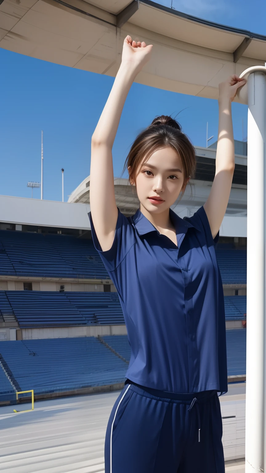 (bestquality,10,10,highres,masterpiece:1.2),ultra-detail,(Realistic,photorealistic portrait,photo-realistic:1.37),1 cute girl sitting on the football field,oily shiny skin,bara,light smile,BDclothes,((blue shirt:1.3)),short sleeves,shirt, trousers.,(navy_long_Pants Track:1.1), ((Stadium Background:1.3)),dynamic angle,excited,face focus,Dynamic Poses,from behide,Ass Focus,masterpiece, bestquality, ultra realistic, hyper-detail, 8k resolution, RAW photo, crisp focus, ((Navy blue shirt:1.1)), short sleeves, Long Path, Perfect body, 2 mature women, 18yo, cinematic light,Blue sweatpants,Gymware,Correct anatomy,Complete body, Correct body, sharp face, Anatomically correct body, full entire body, Realistic gestures, long-haired, Realistic poses,Wear long shorts.......................,Long leg span,Shapely,Sculpting Girl, Slender Figure, mannequin mannequins, Shapely, Beautiful body,Blue sweatpants