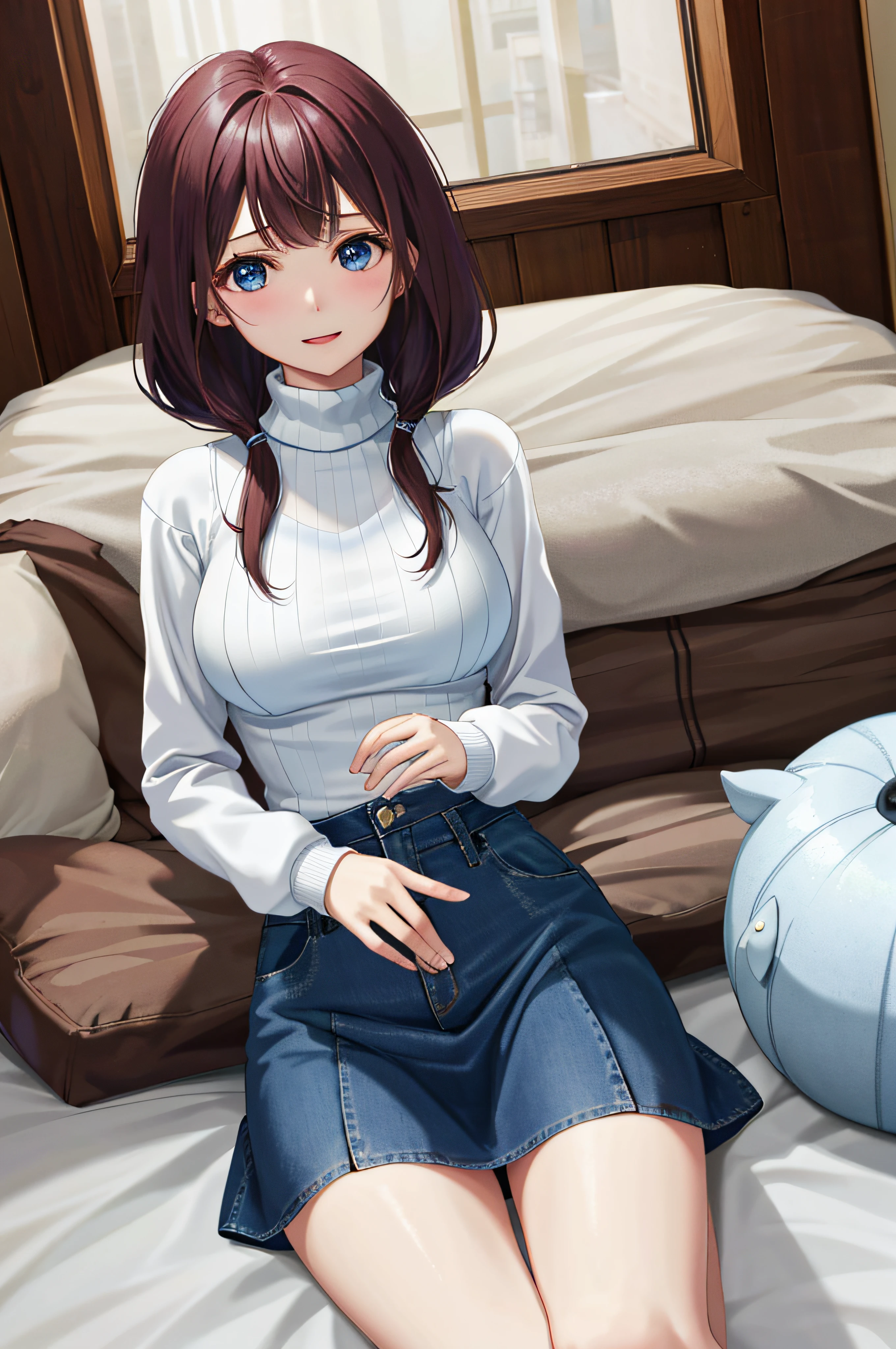 top-quality、超A high resolution、Ray traching、globalillumination、a 20 yo woman、college aged、Blue Eye、Brown medium hair、(Kamimei)、Shy laughter、breasts of medium size,、thick thight、、Denim tight skirt、(White turtleneck sweater)、(Leaning forward to emphasize the chest)