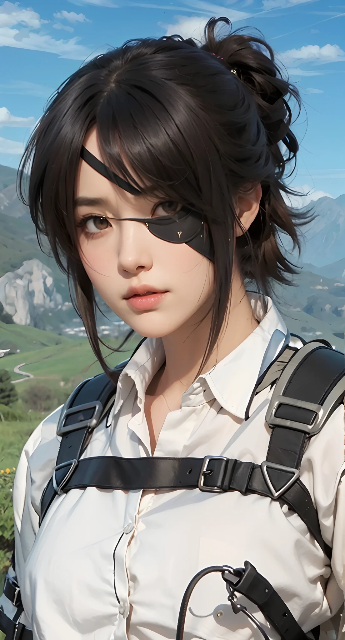 Real life adaption of this character, beauty face,realistic same hair, (realistic same outfit), realistic same background , realistic light, realistic shadow, realism, hyper realistic,(photorealistic:1.2),(wear eyepatch)