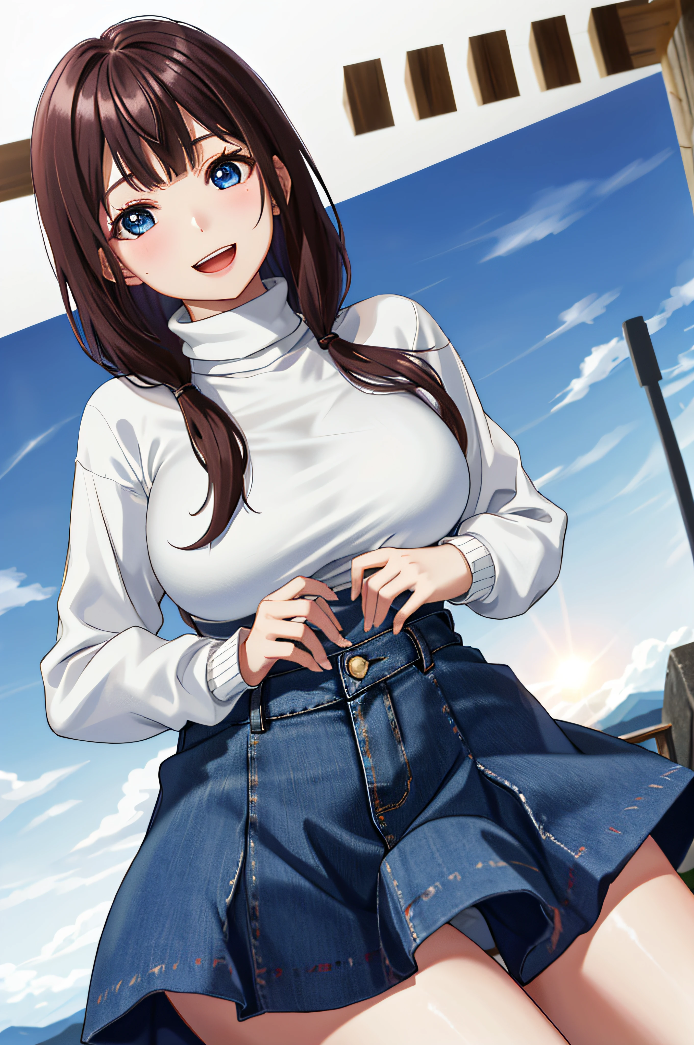 top-quality、超A high resolution、Ray traching、globalillumination、a 20 yo woman、college aged、Blue Eye、Brown medium hair、(Kamimei)、Shy laughter、breasts of medium size,、thick thight、、Denim tight skirt、(White turtleneck sweater)、(Leaning forward to emphasize the chest)