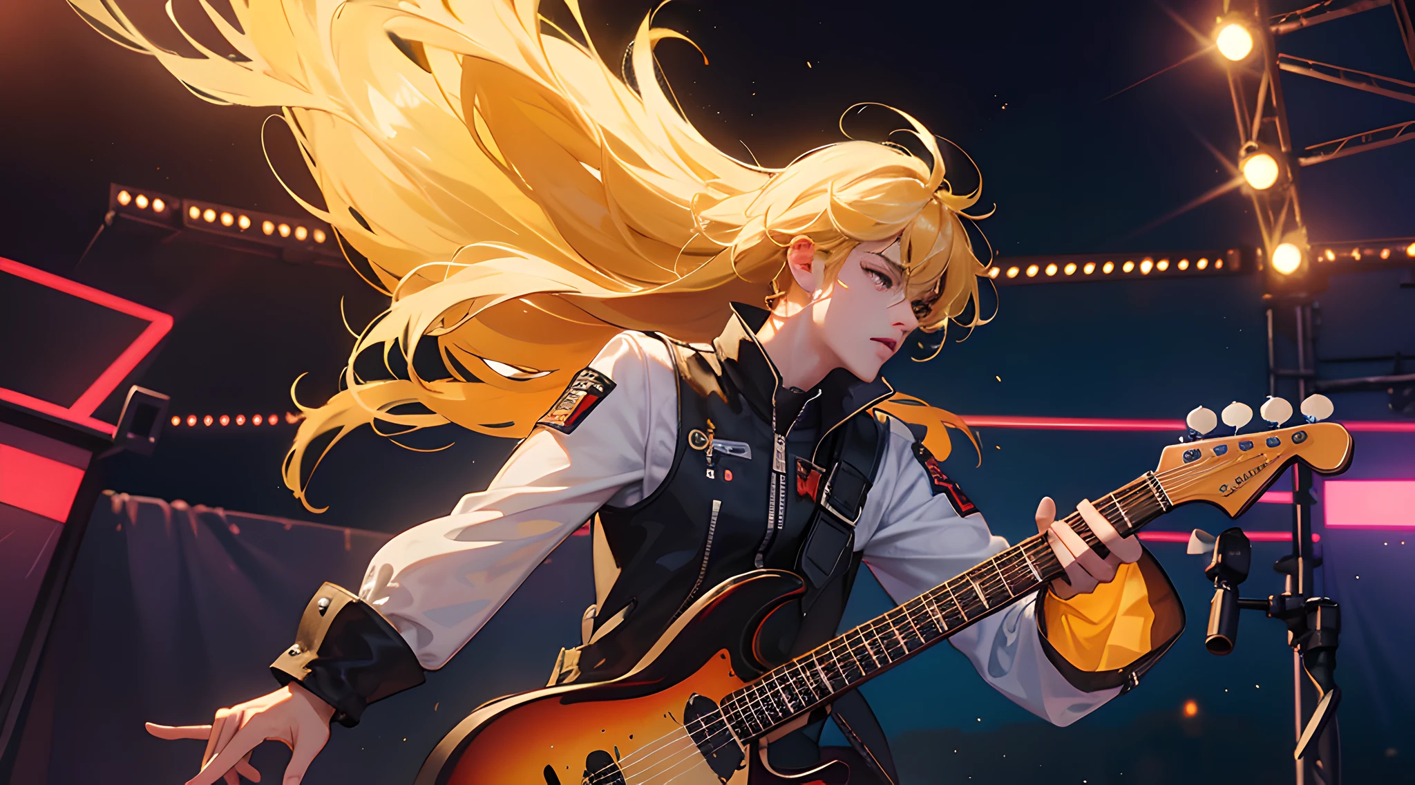 "An exciting moment, When an electric guitarist blows up the stage with his prowess! ((More Deals)),(Guitarist Detailing).Imagine the frame: The artist stands in full height, Surrounded by the magic of light, expressing a passion for music through every note. His electric guitar sparkles in dazzling lights, creating a unique atmosphere of rock. The musician's gaze is full of energy, And the photo seems to freeze the moment, capturing an emotional explosion on stage."