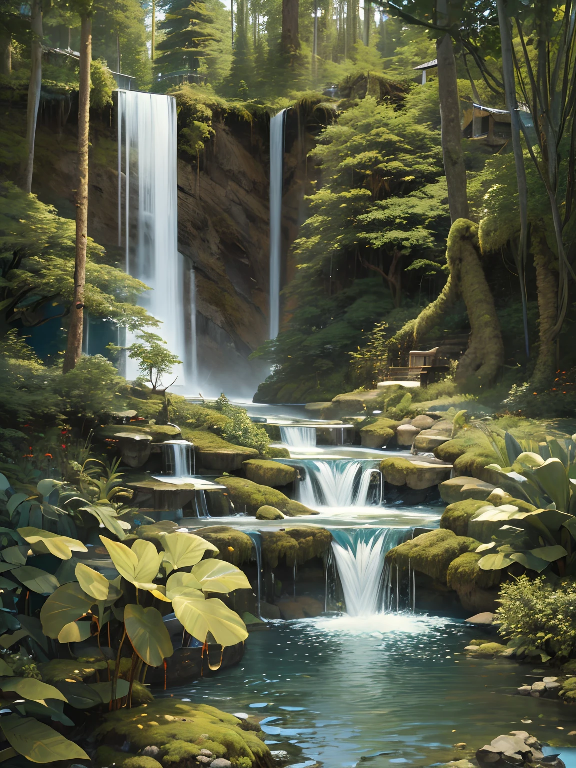 Painting of a waterfall in a forest with a bench and trees - SeaArt AI