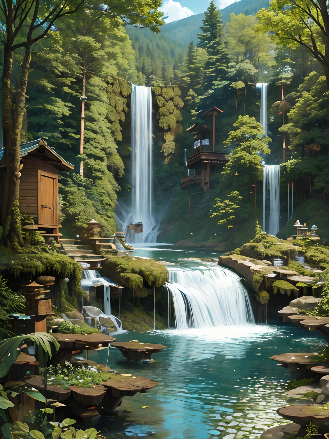 (masterpiece high quality) (extremely detailed:1.6) 16k, 32k, (forest waterfalls:1.6) (intricated detailing of background:117.4 mountais flowers plants small river trees birds squirells butterflies)