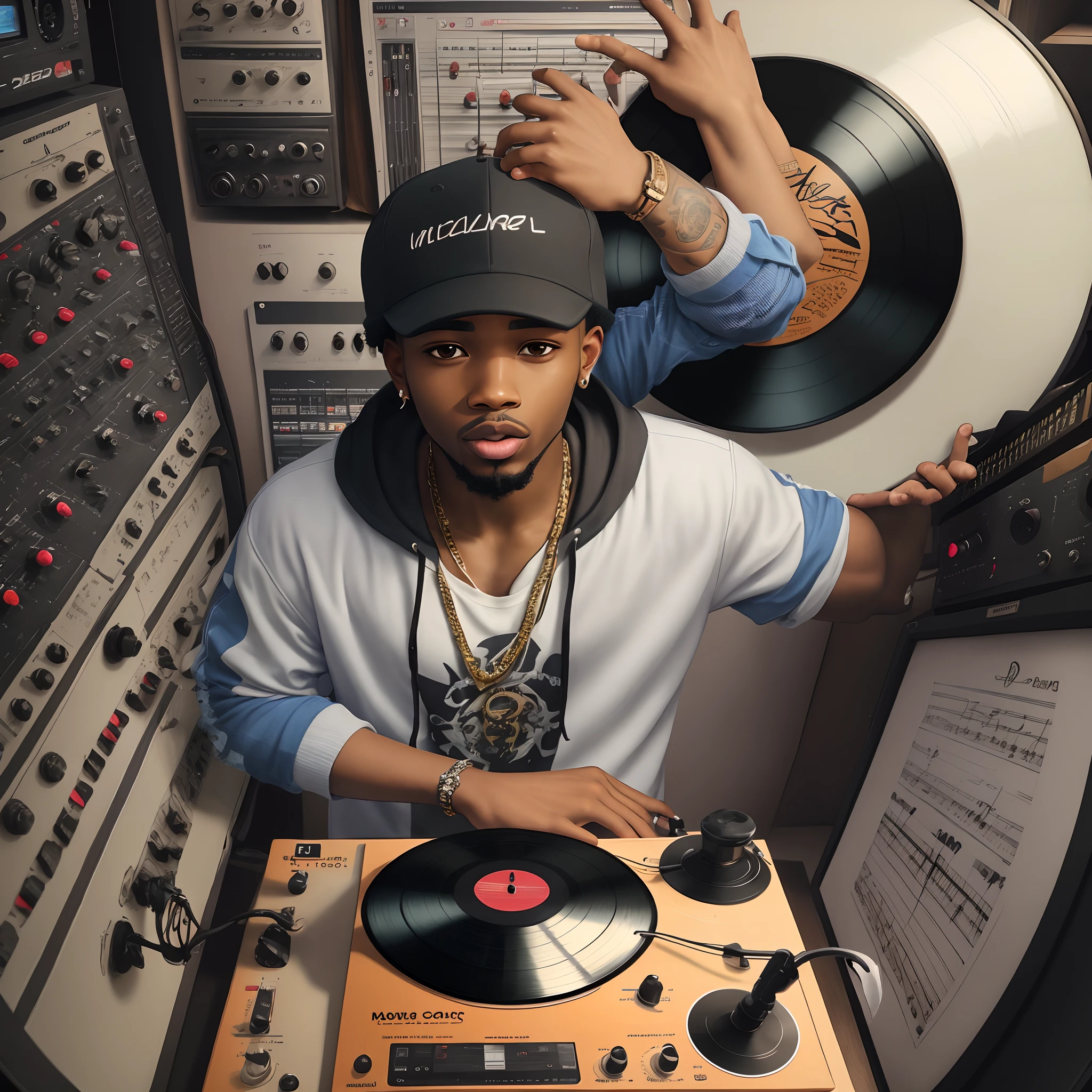 Rapper holding a vinyl record inside the music studio