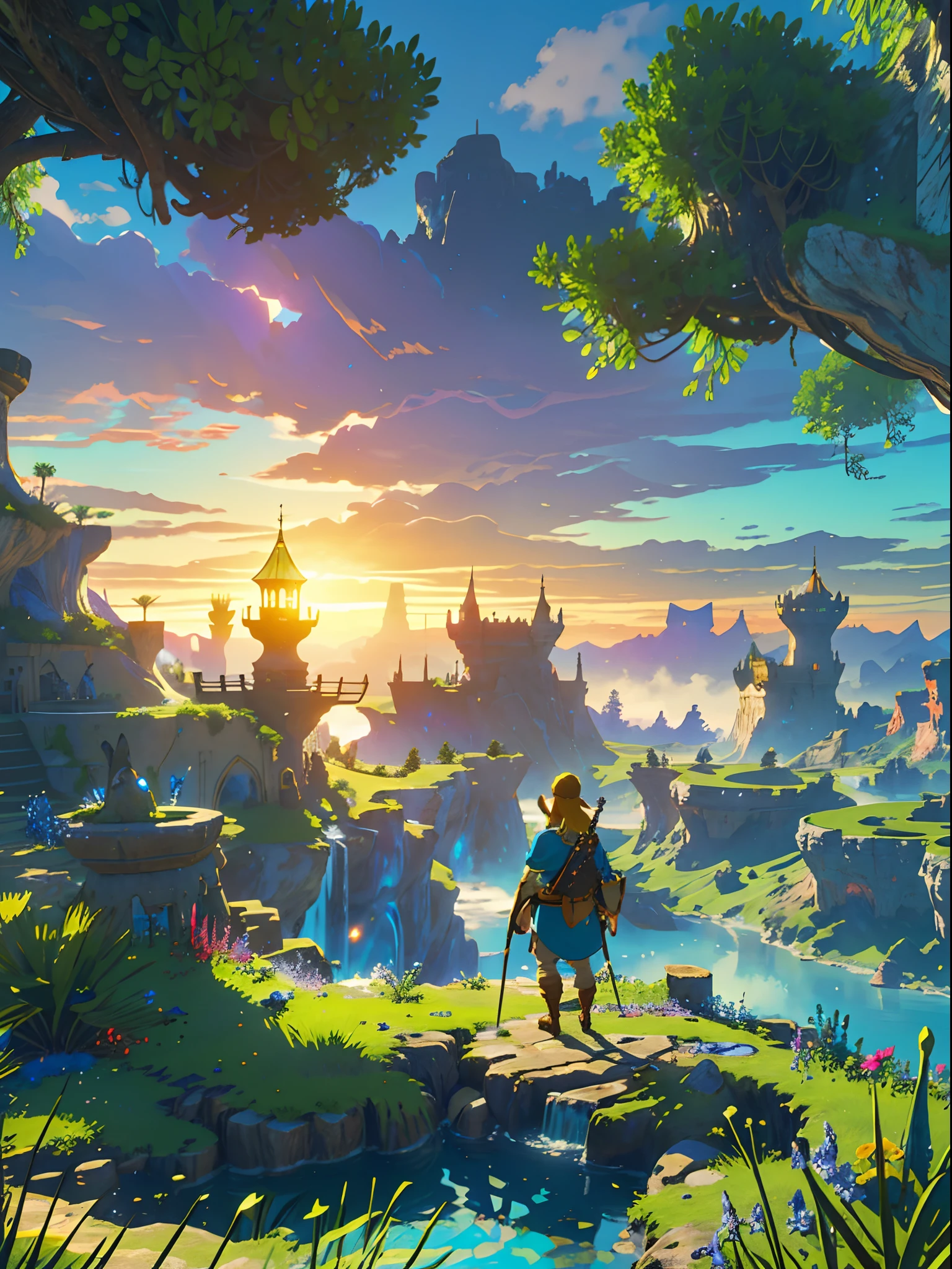 (best quality,4k,8k,highres,masterpiece:1.2),ultra-detailed,(realistic,photorealistic,photo-realistic:1.37),fantasy landscape,adventurer standing on a mountain,view from behind,desert,cactus,castle,The Legend of Zelda,enchanted sky,majestic mountains,mysterious fog,epic adventure,mythical creatures,magic crystals,majestic sunbeam,ancient ruins,hidden treasure,colorful flora and fauna,adventure awaits,mythical ambiance,distant horizon,unexplored territory,forbidden lands,surreal scenery,serene tranquility,impressive fortress,daring exploration,majestic waterfall,mystical aura,sunlit sky,solitude and solitude,heroic journey,fantasy realm,dreamlike atmosphere,magical escapade,unearthly beauty,awe-inspiring,hidden wonders,mountainous terrain,shimmering oasis,vibrant oasis,distant castles,suspended bridges,natural wonders