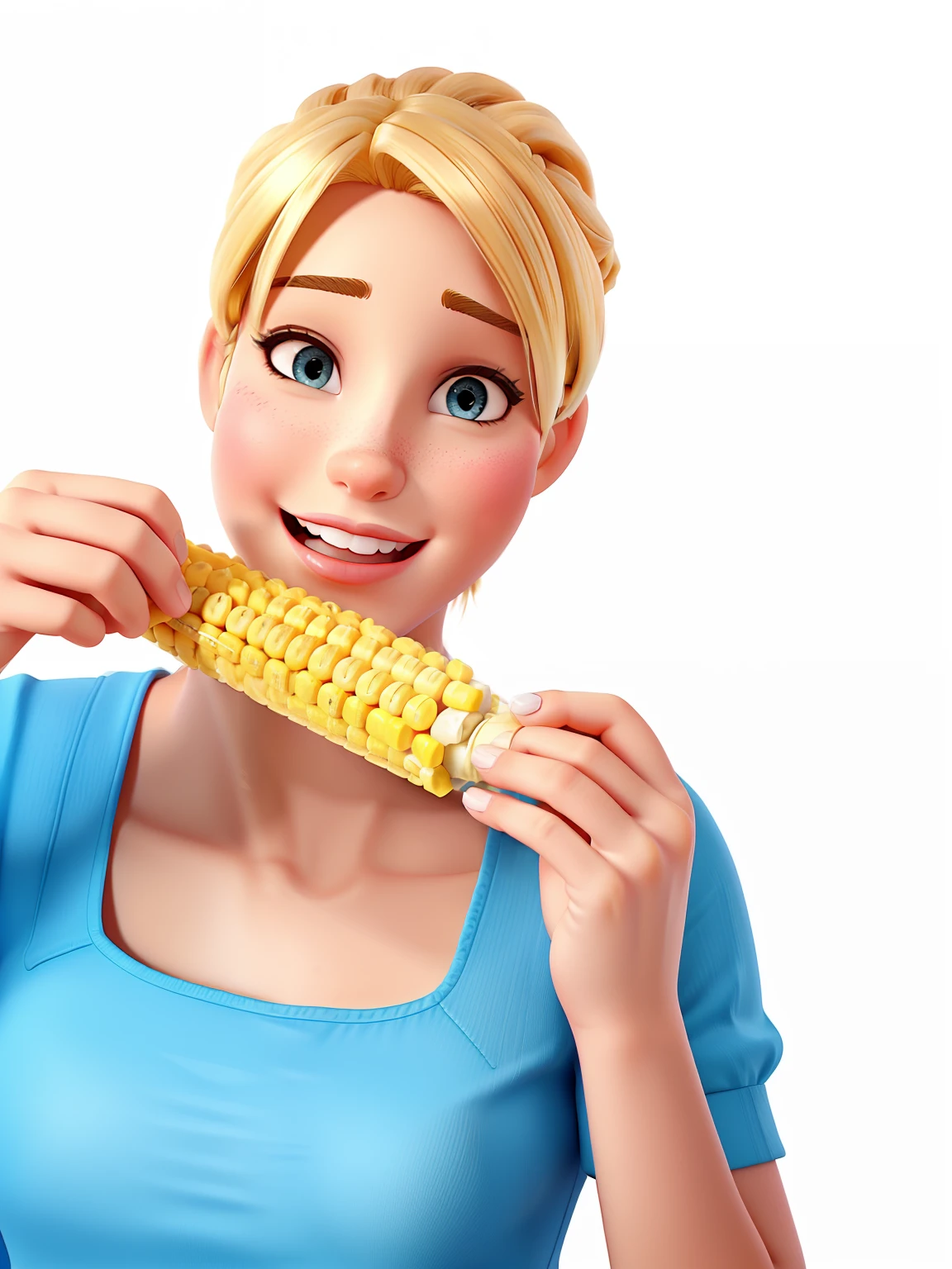 blonde woman eating corn