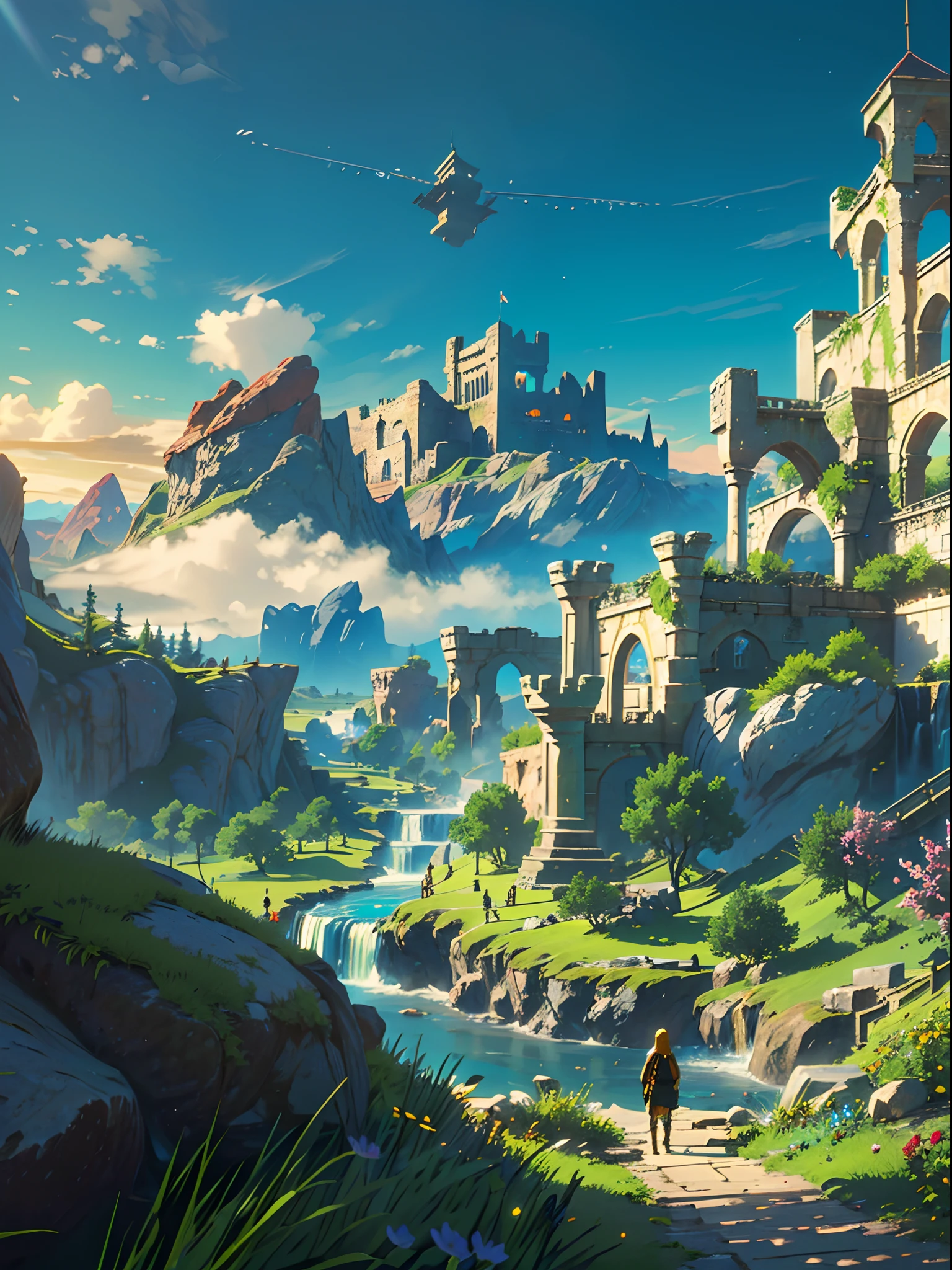 (best quality,4k,8k,highres,masterpiece:1.2),ultra-detailed,(realistic,photorealistic,photo-realistic:1.37),fantasy landscape,adventurer standing on a mountain,view from behind,desert,cactus,castle,The Legend of Zelda,enchanted sky,majestic mountains,mysterious fog,epic adventure,mythical creatures,magic crystals,majestic sunbeam,ancient ruins,hidden treasure,colorful flora and fauna,adventure awaits,mythical ambiance,distant horizon,unexplored territory,forbidden lands,surreal scenery,serene tranquility,impressive fortress,daring exploration,majestic waterfall,mystical aura,sunlit sky,solitude and solitude,heroic journey,fantasy realm,dreamlike atmosphere,magical escapade,unearthly beauty,awe-inspiring,hidden wonders,mountainous terrain,shimmering oasis,vibrant oasis,distant castles,suspended bridges,natural wonders