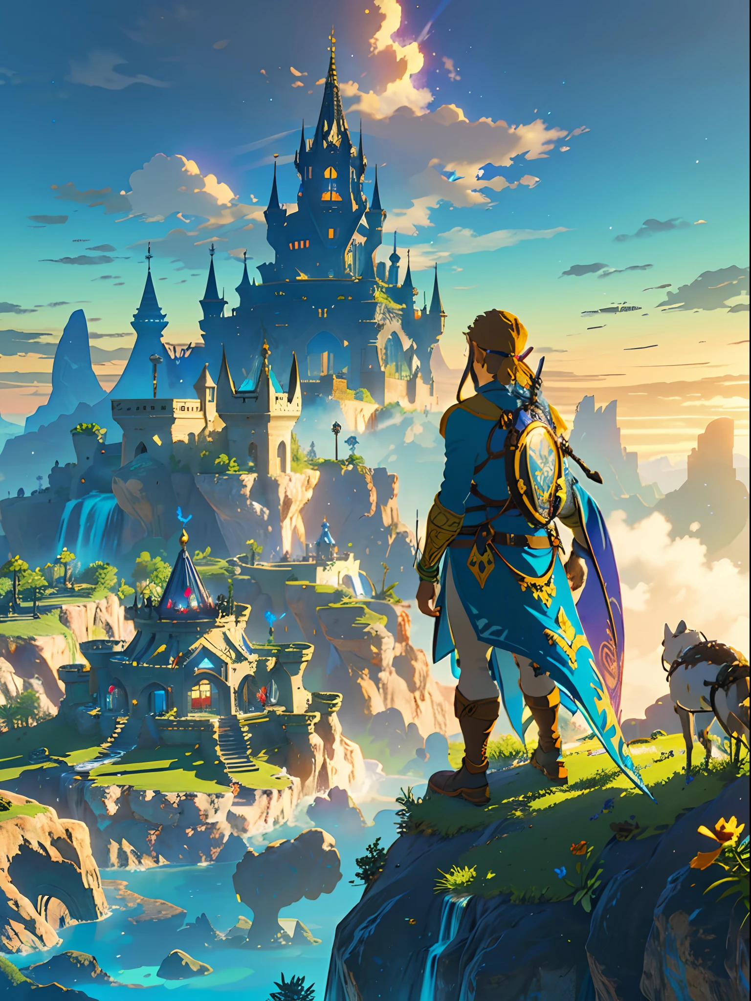 (best quality,4k,8k,highres,masterpiece:1.2),ultra-detailed,(realistic,photorealistic,photo-realistic:1.37),fantasy landscape,adventurer standing on a mountain,view from behind,desert,cactus,castle,The Legend of Zelda,enchanted sky,majestic mountains,mysterious fog,epic adventure,mythical creatures,magic crystals,majestic sunbeam,ancient ruins,hidden treasure,colorful flora and fauna,adventure awaits,mythical ambiance,distant horizon,unexplored territory,forbidden lands,surreal scenery,serene tranquility,impressive fortress,daring exploration,majestic waterfall,mystical aura,sunlit sky,solitude and solitude,heroic journey,fantasy realm,dreamlike atmosphere,magical escapade,unearthly beauty,awe-inspiring,hidden wonders,mountainous terrain,shimmering oasis,vibrant oasis,distant castles,suspended bridges,natural wonders