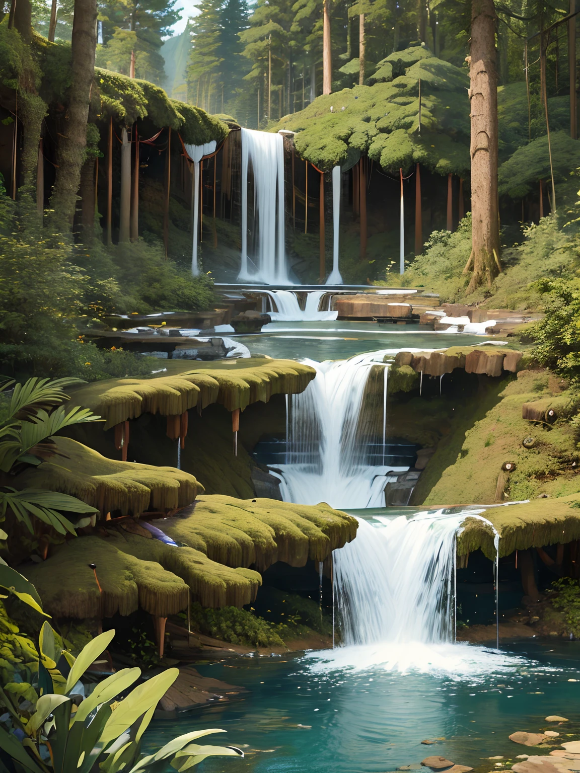 (masterpiece high quality) (extremely detailed:1.6) 16k, 32k, (forest waterfalls:1.6) (intricated detailing of background:7.4 mountais flowers plants small river trees birds squirells butterflies)