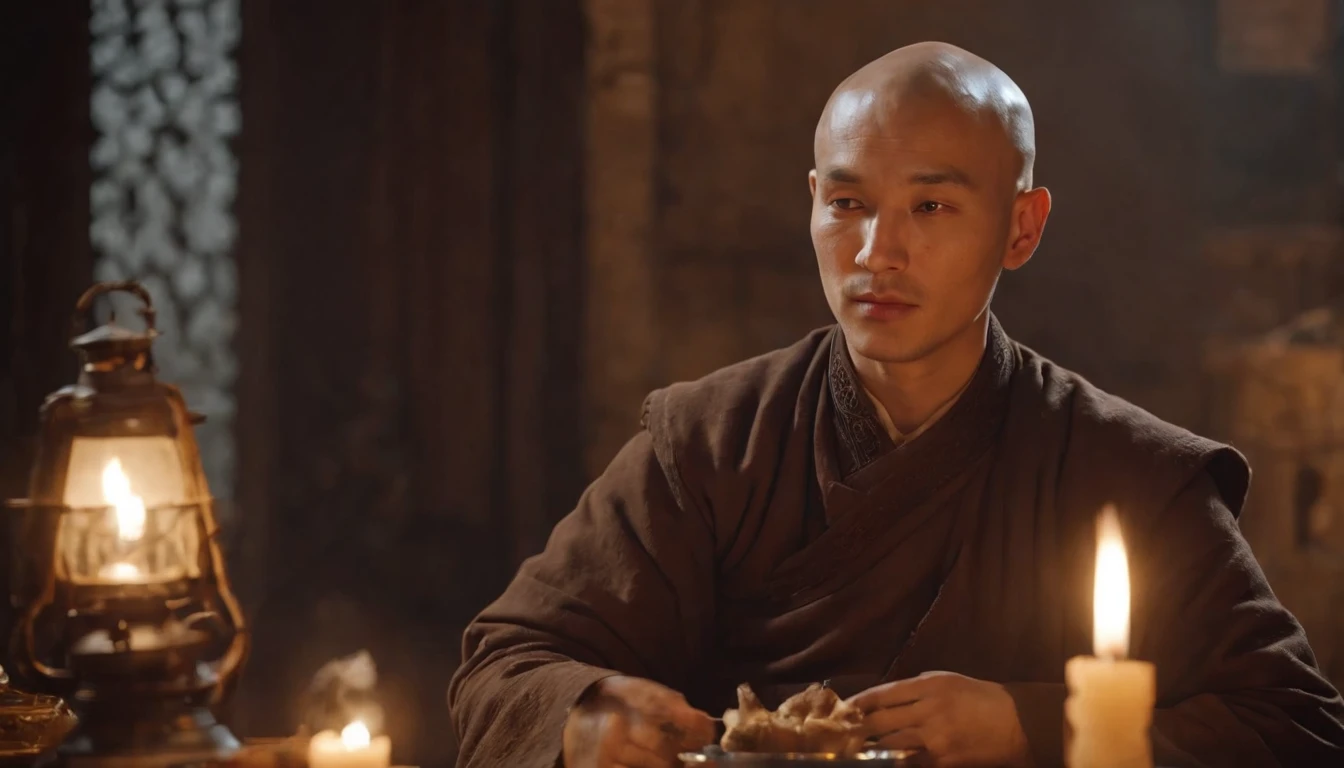 A handsome, Handsome, Strong, Muscular, A bald monk of the Uyghur ethnic group,sits at a table,Hold your cheek with your right hand,Eyes closed slightly,Sideslit,There was an oil lamp on the table,Dark tone,Cinematic footage,Front Shooting,Perfectcomposition