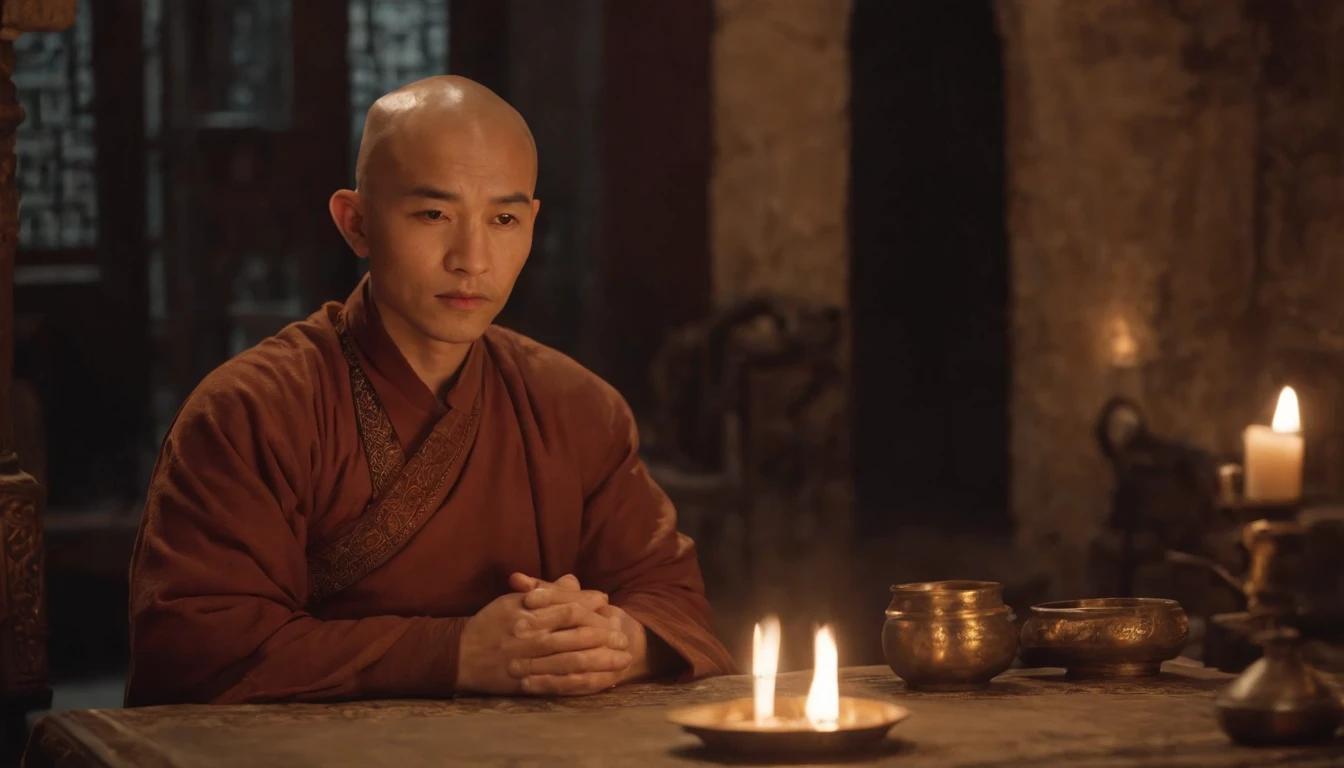 A handsome, Handsome, Strong, Muscular, A bald monk of the Uyghur ethnic group，sits at a table，Hold your cheek with your right hand，Eyes closed slightly，Sideslit，There was an oil lamp on the table，Dark tone，Cinematic footage，Front Shooting，Perfectcomposition