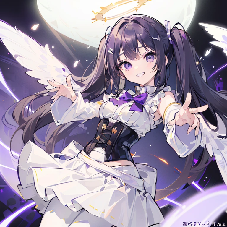 (solo, dynamic pose, bust up, flying, white skirt, white pantyhose black hair, twintails, white skirt, corset, halo, delicate face, girl, medium breast, round eyes, wing on the waist, purple eyes, god ray, smile with grin, happy:1.4)