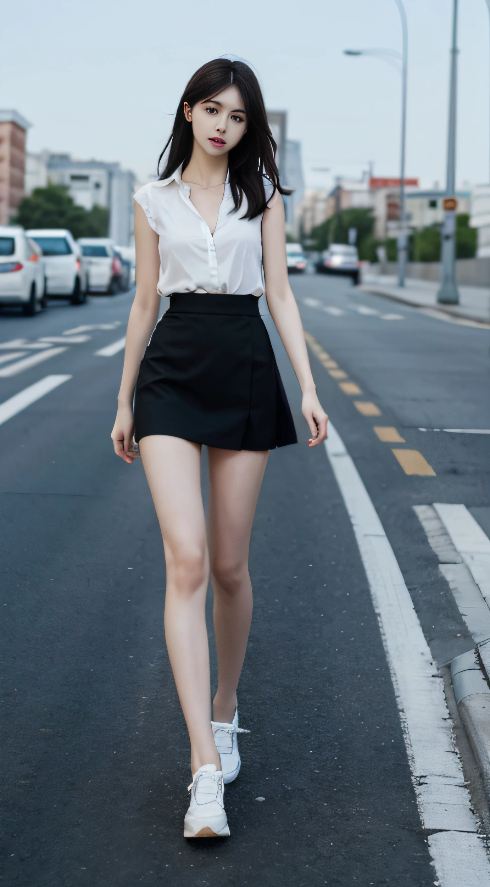 top Quority，Ultra-clear resolution，Clear  eyes，plain face，s the perfect face，White skin，Perfect chest，with perfect legs，Long legs，black short skirt，Random environment
