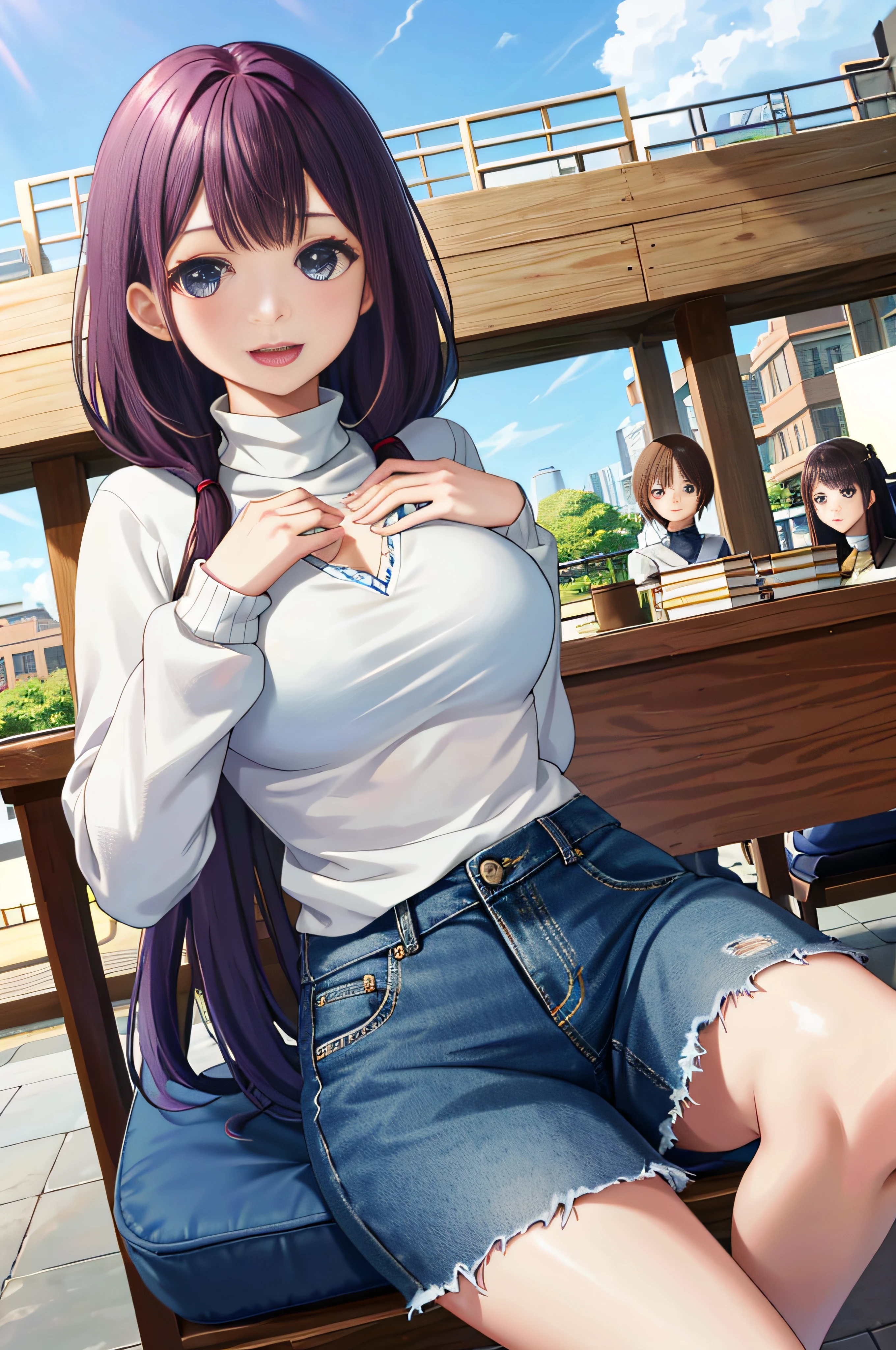 top-quality、超A high resolution、Ray traching、globalillumination、a 20 yo woman、college aged、Blue Eye、Brown longhair、((Kamimei))、Shy laughter、breasts of medium size,、Puffy nipple、Denim tight skirt、(White turtleneck sweater)、((Leaning forward to emphasize the chest))、Dining at a theme park