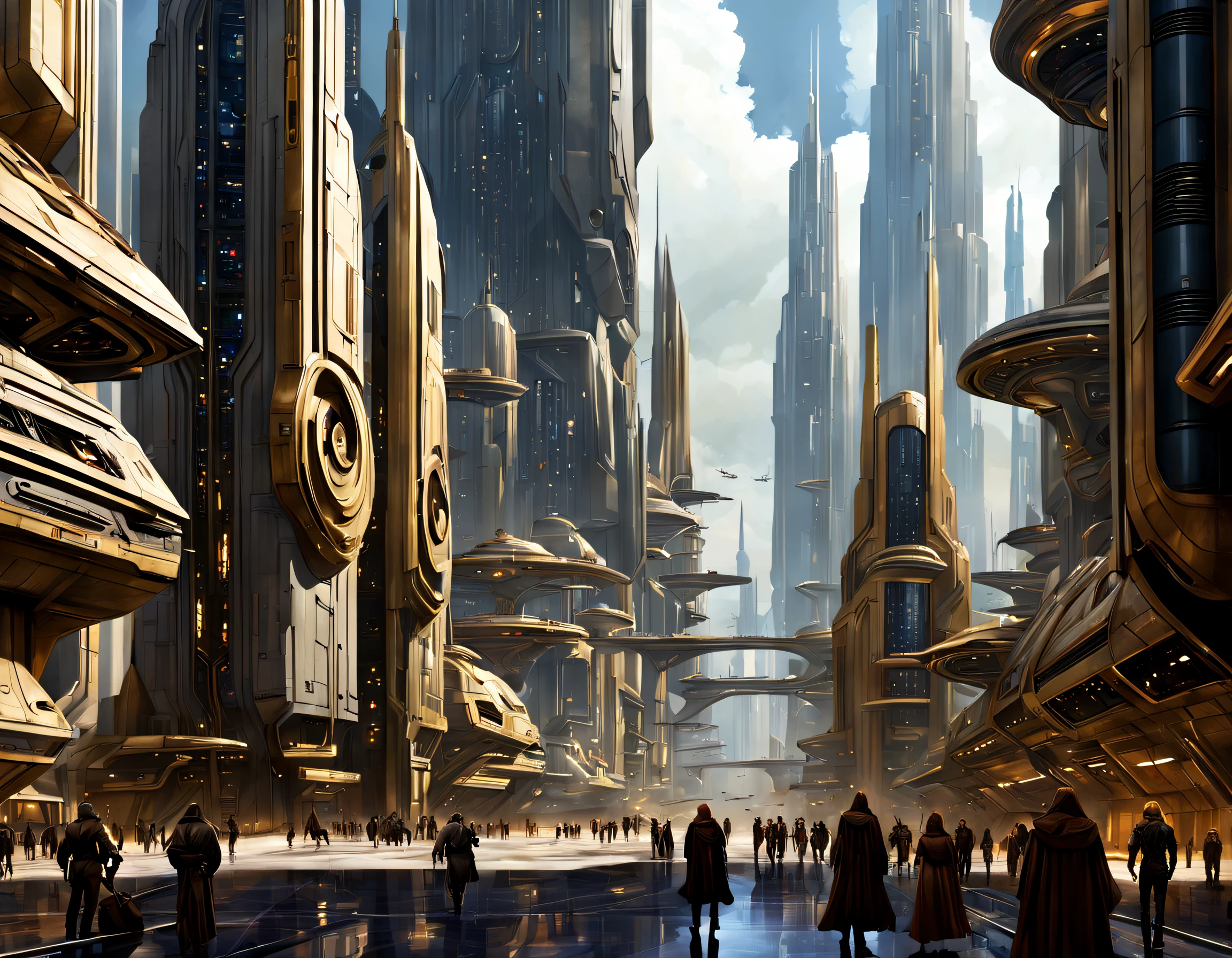 The city of Coruscant from Star Wars as designed by Doug Chiang, futuristic fantasy city with immense buildings of technological design (que forman una avenida infinita), edificios compactor no difuminados, con estructuras acristaladas en plata, oro y bronce espectaculares, (con colores vivos). pavimento ensolado (sin brillo). gente paseando. imagen bien definida con muchos edificios juntos. imagen nitida bien definida 8k. los edificios llegan alta el fondo.,8k. imagen cinematografica. iluminacion hora dorada. calidad superior. (obra maestra).