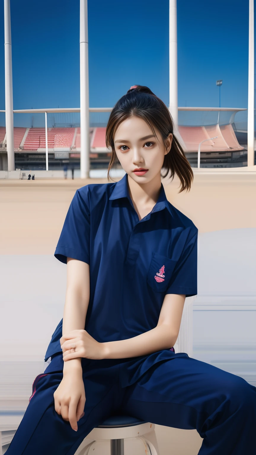(bestquality,10,10,highres,masterpiece:1.2),ultra-detail,(Realistic,photorealistic portrait,photo-realistic:1.37),1 cute girl sitting on the football field,oily shiny skin,bara,light smile,BDclothes,((blue shirt:1.3)),short sleeves,shirt, trousers.,(navy_long_Pants Track:1.1), ((Stadium Background:1.3)),dynamic angle,excited,face focus,Dynamic Poses,from behide,Ass Focus,masterpiece, bestquality, ultra realistic, hyper-detail, 8k resolution, RAW photo, crisp focus, ((Navy blue shirt:1.1)), short sleeves, Long Path, Perfect body, 2 mature women, 18yo, cinematic light,Blue sweatpants,Gymware,Correct anatomy,Complete body, Correct body, sharp face, Anatomically correct body, full entire body, Realistic gestures, long-haired, Realistic poses,Wear long shorts....................,Long leg span,Shapely,Sculpting Girl, Slender Figure, mannequin mannequins, Shapely, Beautiful body,Blue sweatpants,Seated