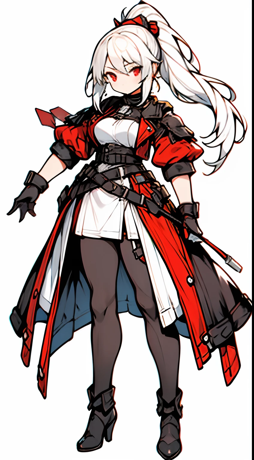 ((masterpiece)),(((bestquality))), (Character full body), 1 girl, ponytail hair,white-haired, red eyes, black leather suite, (simple background, White background: 1.3)