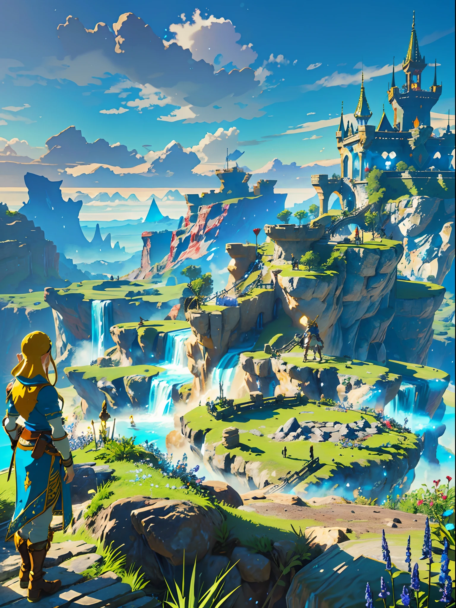 (best quality,4k,8k,highres,masterpiece:1.2),ultra-detailed,(realistic,photorealistic,photo-realistic:1.37),fantasy landscape,adventurer standing on a mountain,view from behind,desert,cactus,castle,The Legend of Zelda,enchanted sky,majestic mountains,mysterious fog,epic adventure,mythical creatures,magic crystals,majestic sunbeam,ancient ruins,hidden treasure,colorful flora and fauna,adventure awaits,mythical ambiance,distant horizon,unexplored territory,forbidden lands,surreal scenery,serene tranquility,impressive fortress,daring exploration,majestic waterfall,mystical aura,sunlit sky,solitude and solitude,heroic journey,fantasy realm,dreamlike atmosphere,magical escapade,unearthly beauty,awe-inspiring,hidden wonders,mountainous terrain,shimmering oasis,vibrant oasis,distant castles,suspended bridges,natural wonders