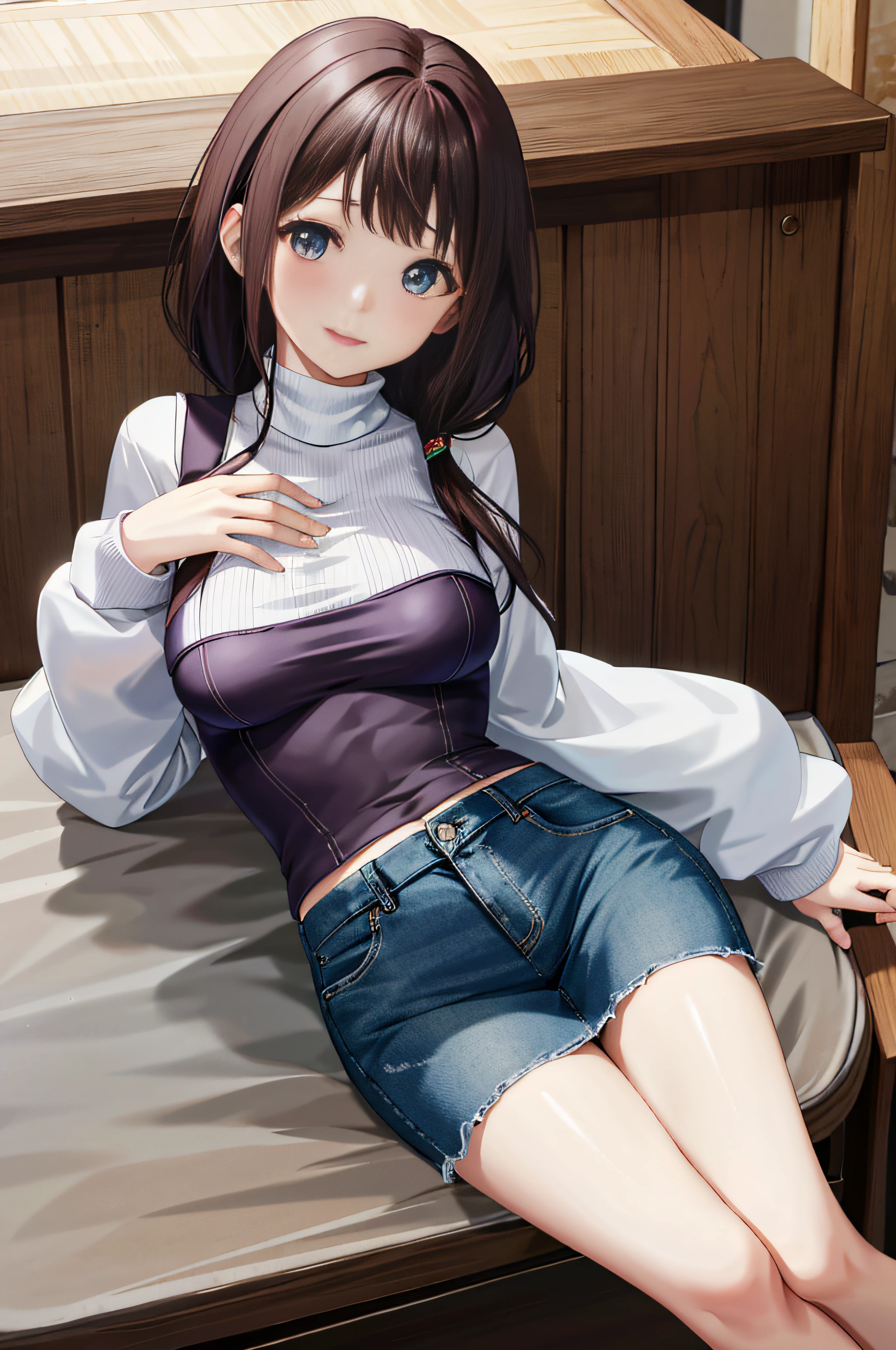 top-quality、超A high resolution、Ray traching、globalillumination、a 20 yo woman、college aged、Blue Eye、(Dark brown longhair)、((Kamimei))、Shy laughter、breasts of medium size,、Puffy nipple、Denim tight skirt、(White turtleneck sweater)、((Leaning forward to emphasize the chest))、Put your on the table