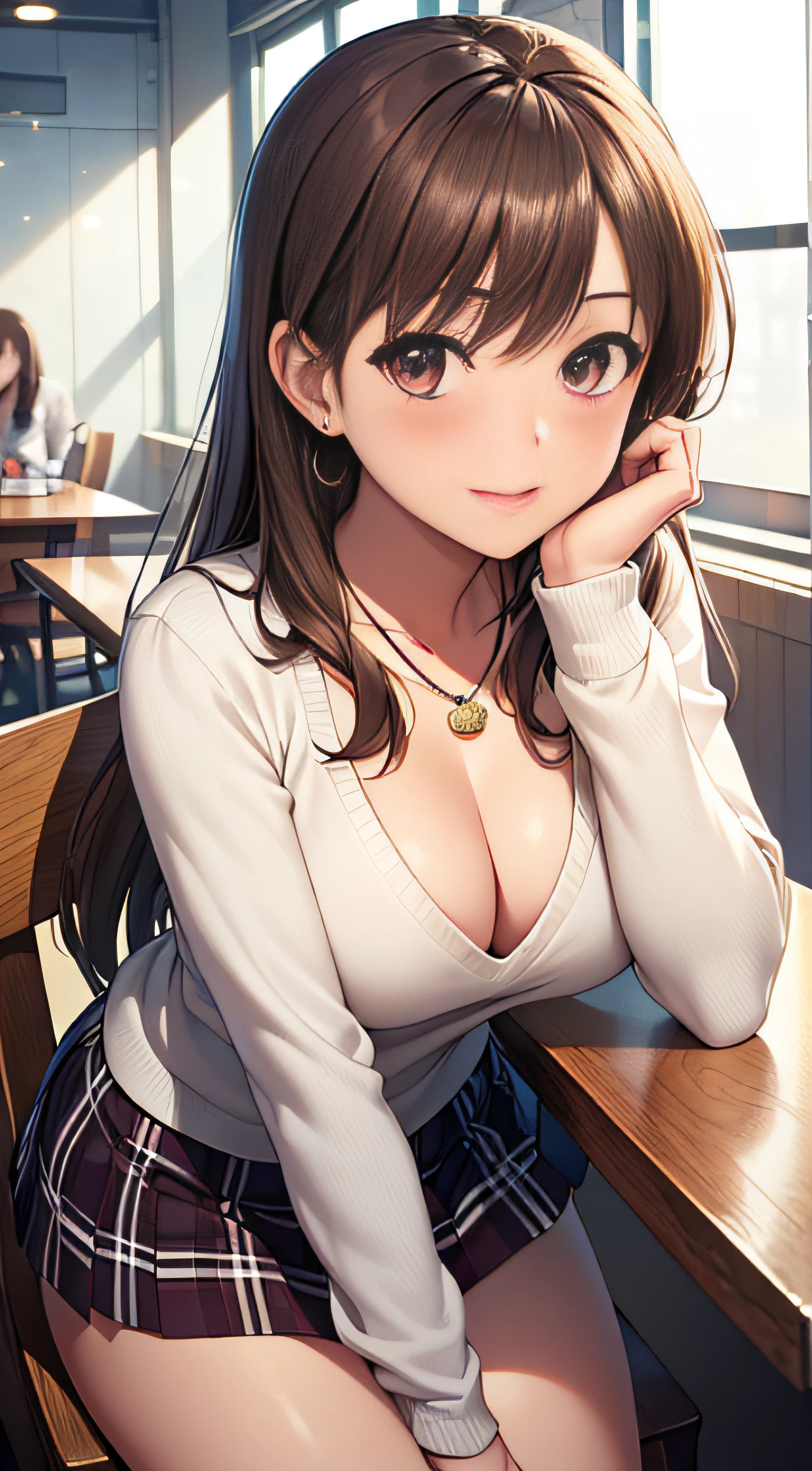 ((masutepiece, Best Quality, hight resolution, nffsw, Perfect Pixel, depth of fields, 4K, nffsw, nffsw)), 1girl in, Single, Solo,  Beautiful Art Style, ((Long hair, Brown hair)), (eyes are brown:1.4, rounded eyes, Beautiful eyelashes, Realistic eyes), (Detailed face, Blushing:1.2), (Smooth texture:0.75, Realistic texture:0.65, Photorealistic:1.2, Anime CG style), ((tiny chest)), cleavage of the breast, (Dynamic Angle, Dynamic Pose:1.4, looking to viewer), Perfect body, (Thin leg)、((White sweater, Long sleeve, plaid skirts, Stockings)), Smile, Open mouth, (Leaning forward),, amusement park, a necklace, Rounded earrings、sit a chair、Resting your elbows on the table、、(lean on top of the table)、facing front