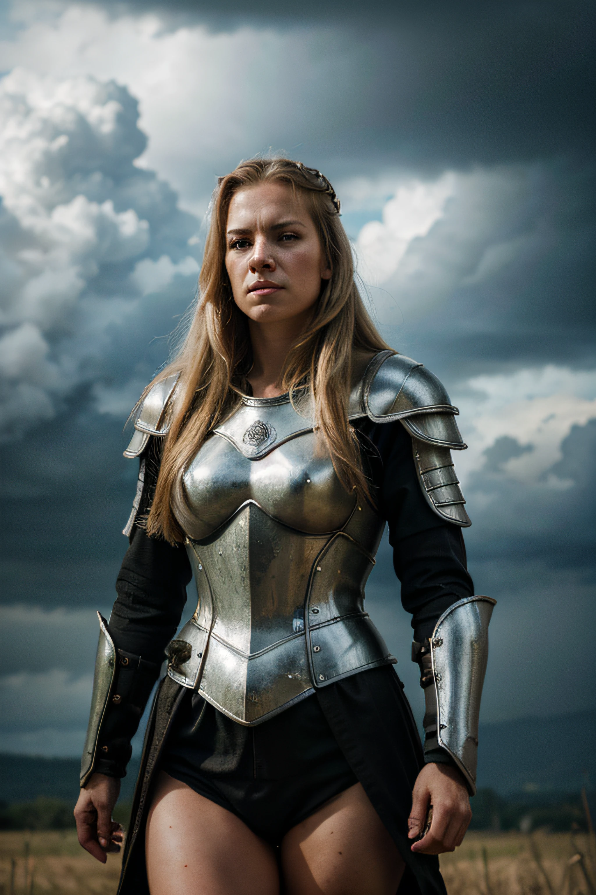 Beautiful 30 years old woman warrior named Anja Svansson, standing on the battlefield, full medieval armor, angry face, determination, RAW photo, dynamic pose, long blonde hair, high detail face, direct look, high detail hands, high detail eyes, white skin, ultrarealistic, full posture photo, Nikon, storm clouds, dark shot, ultra detail, 4K cinematic