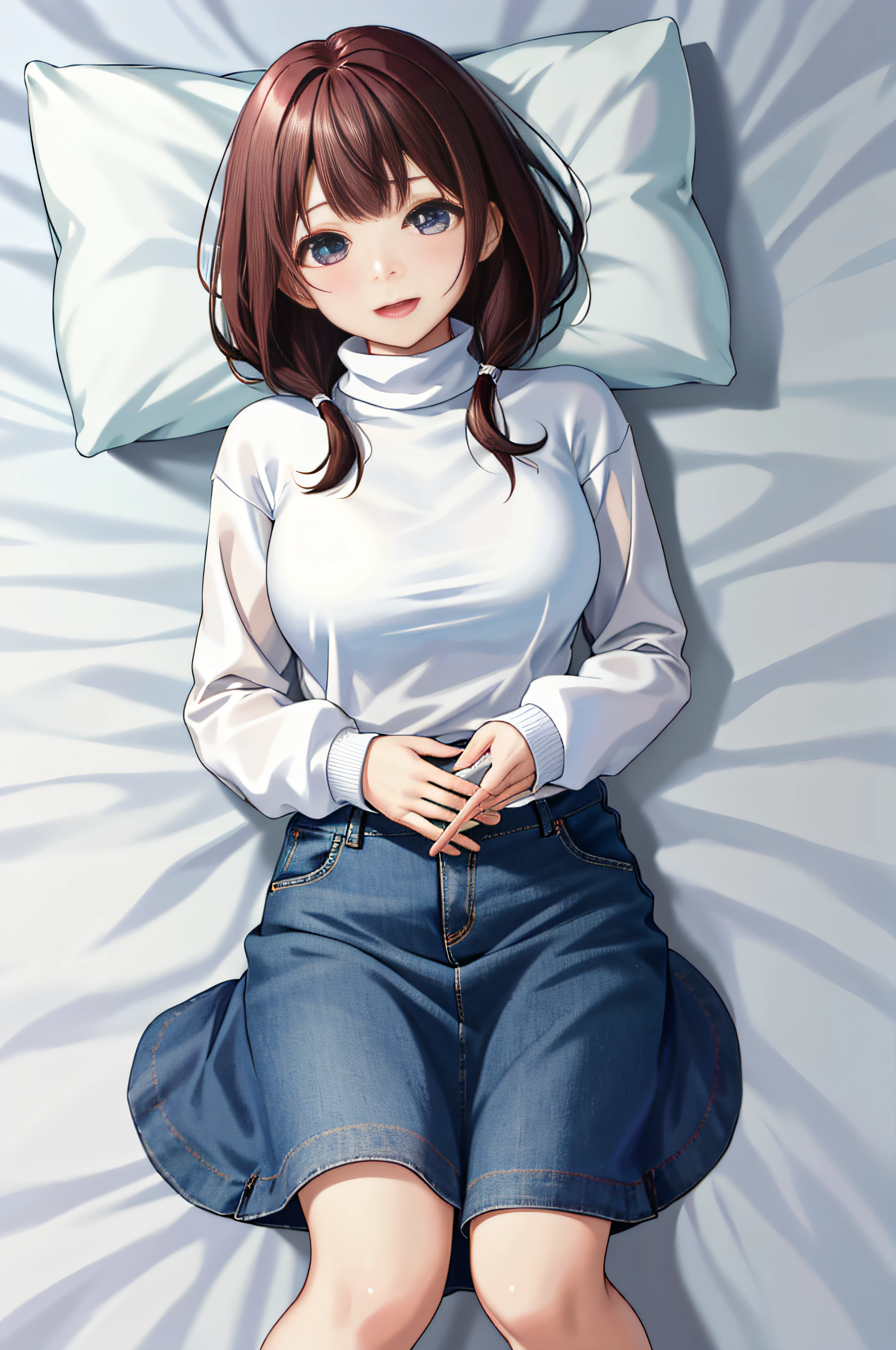 top-quality、超A high resolution、Ray traching、globalillumination、a 20 yo woman、college aged、Blue Eye、Brown medium hair、(Kamimei)、Shy laughter、breasts of medium size,、thick thight、、Denim tight skirt、(White turtleneck sweater)、Hide your chest with both hands、Sleep in bed