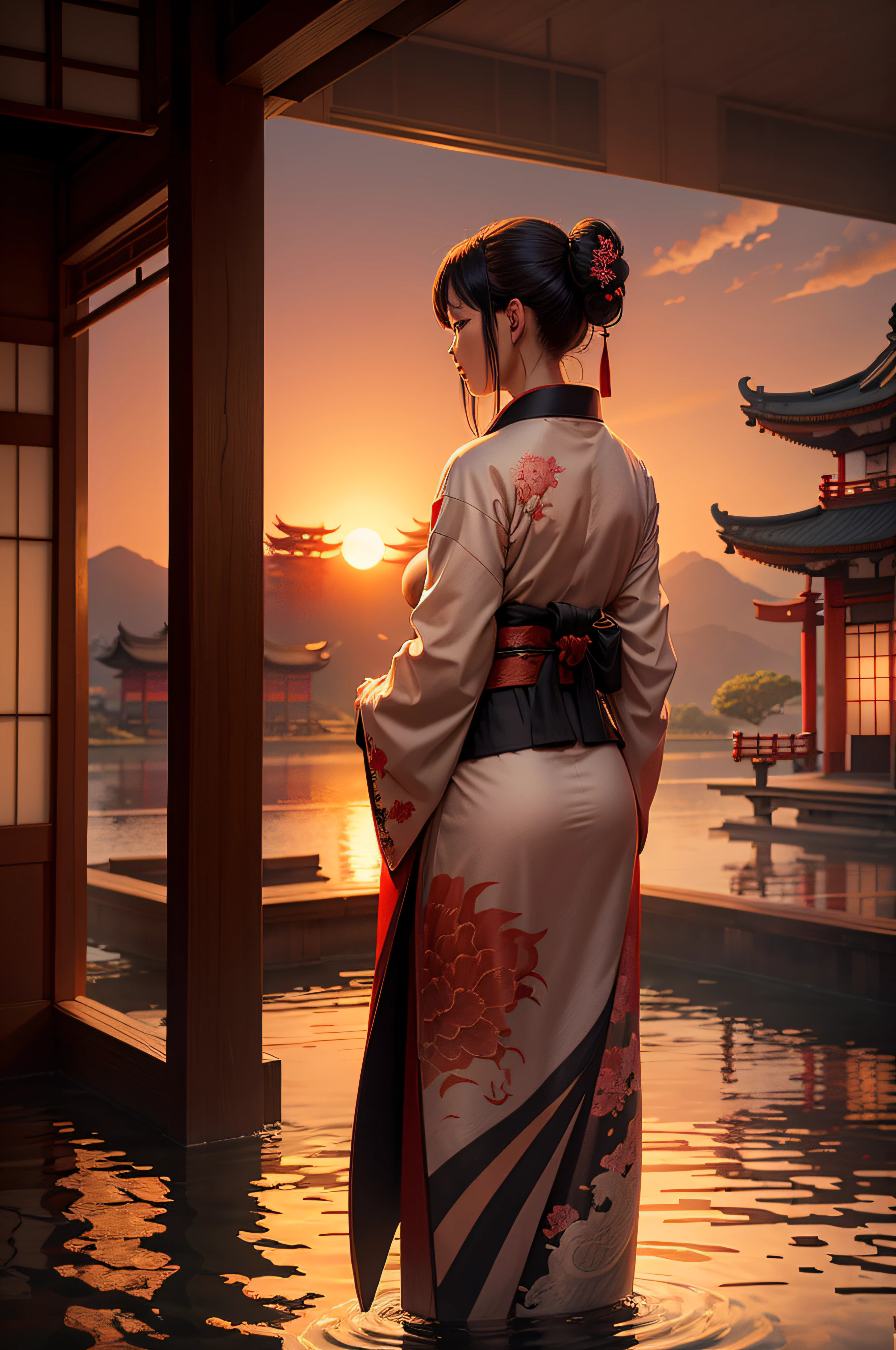 Japanese back in kimono with a dragon drawn on the back of the kimono. sunset. Chinese temple surrounded by vegetation and water. Very detailled. chef d'oeuvre
