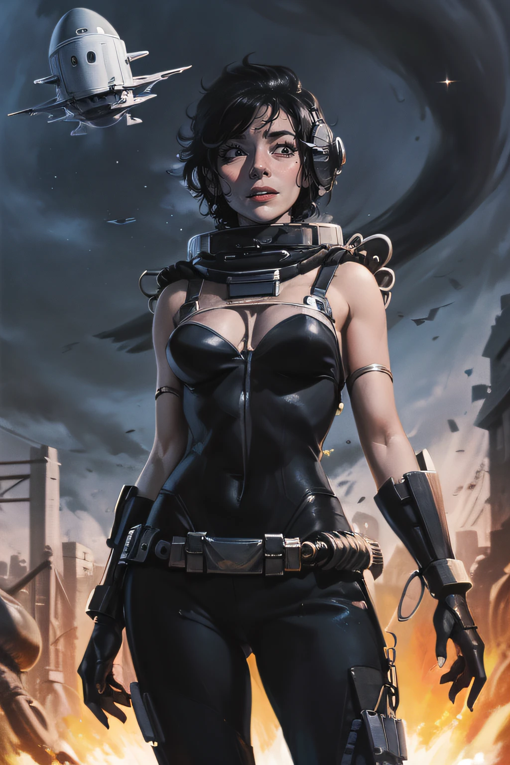 (masterpiece), best quality, bersek, french face, (upper body), courageous woman with shoulder length hair, intricate spacesuit, (perky breasts), (dutch angle), warm palette, (👩‍🚀), space station,comics