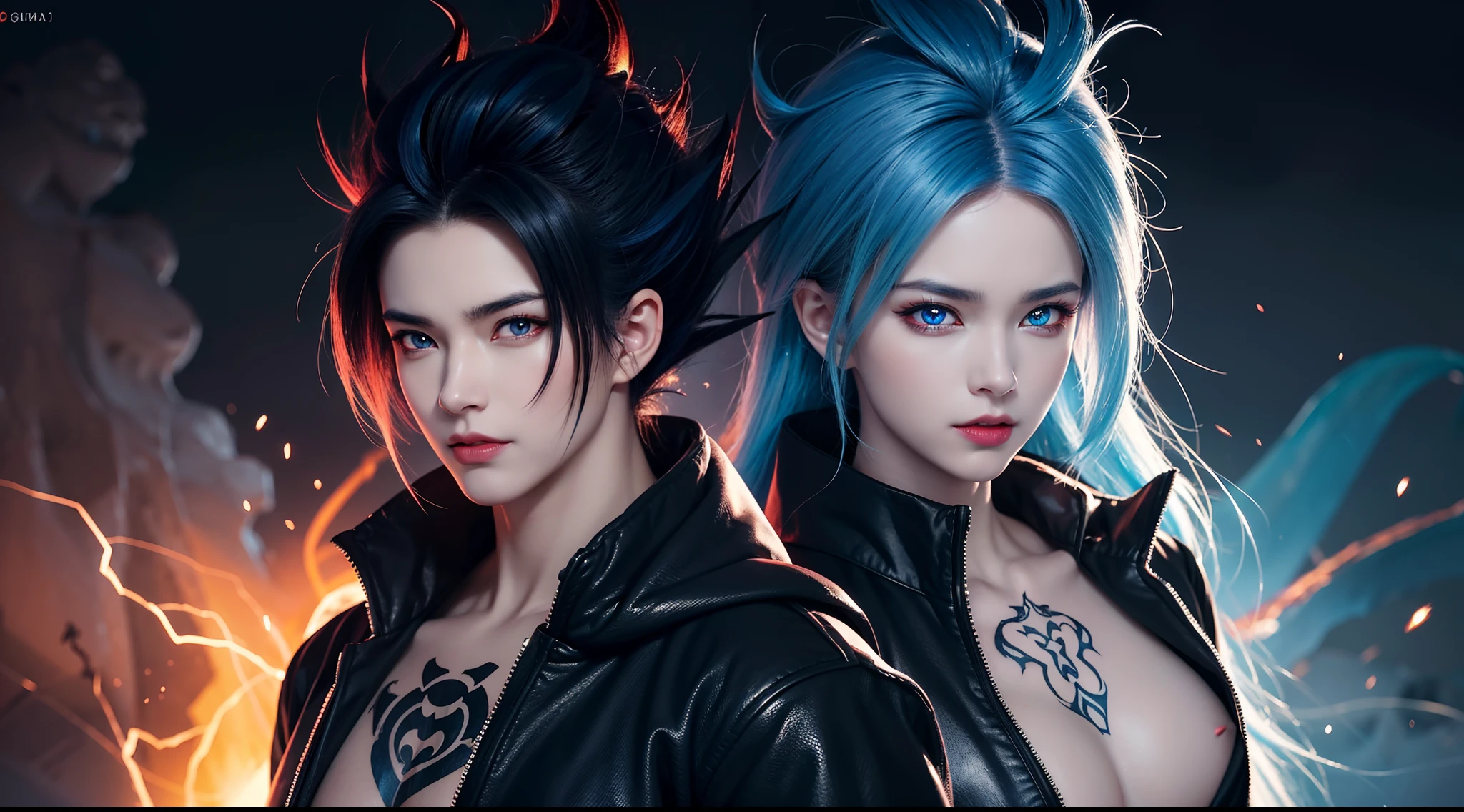 Black Garou demon god with handsome face, glowing blue hair and tattoo, glowing red eyes, transformed state mode, extreme instinct, epic anime about energy man, fire, lava , epic anime artwork, concept art Dragon Ball Universe Concept, 8k manga wallpaper, detailed digital anime art, advanced digital anime art, detailed anime artwork , bad anime 8k