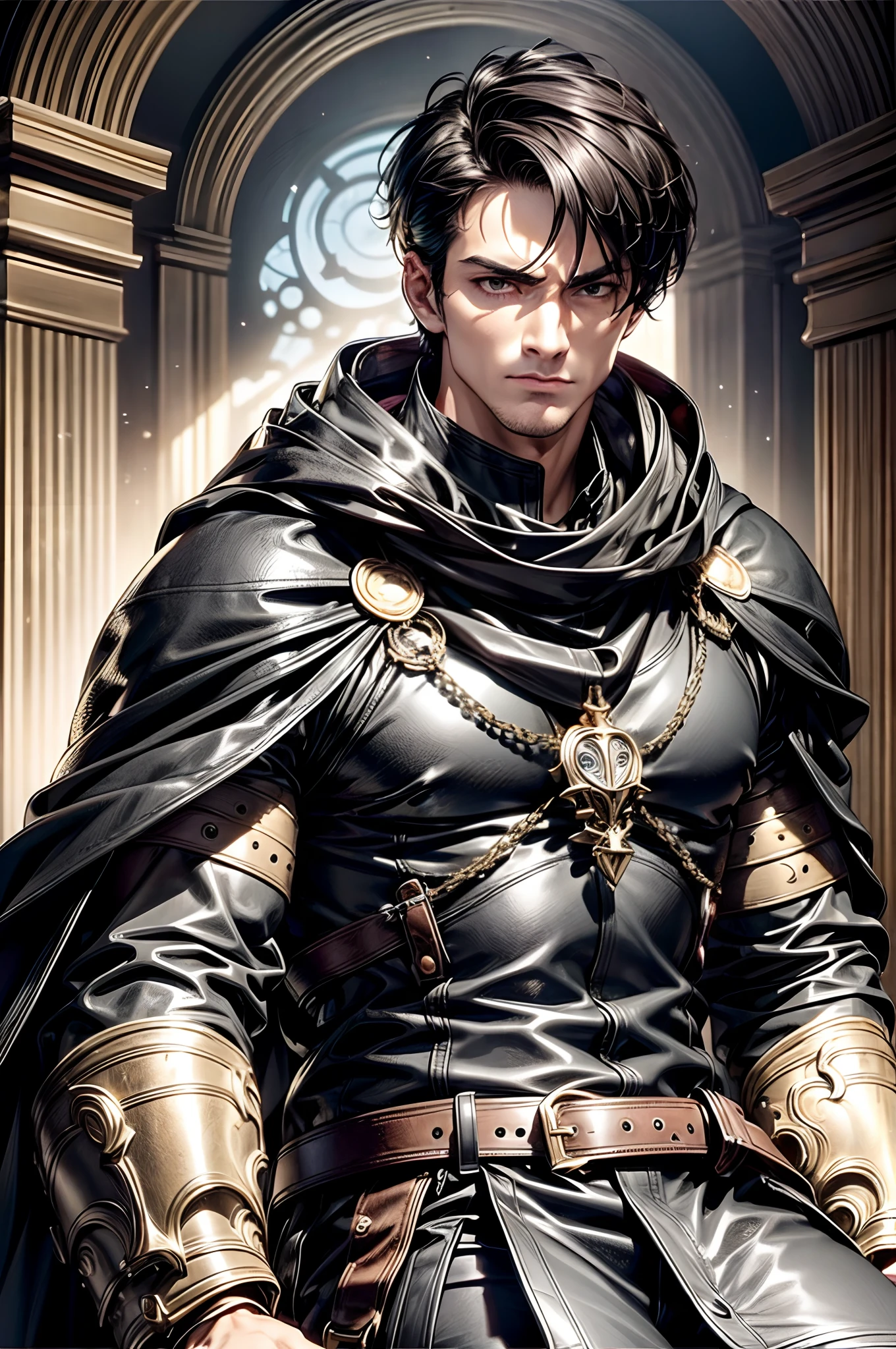 (absurderes, hight resolution, ultra-detailliert), 1 male, Adult, Handsome, High muscular face, broad shoulders, finely detailed eyes, Short black hair, Brown eyes, Black cloak, Wearing a hood, Leather Vest, Leather bag at waist................, 2 daggers on the belt, castle, Medieval atmosphere, Natural Light and Shadow, Bright particles fly around a person, Fantastic, Mysterious, Bright glow, Seated Pose, Serious expression, Cold, thoughtful, Mouth Shut